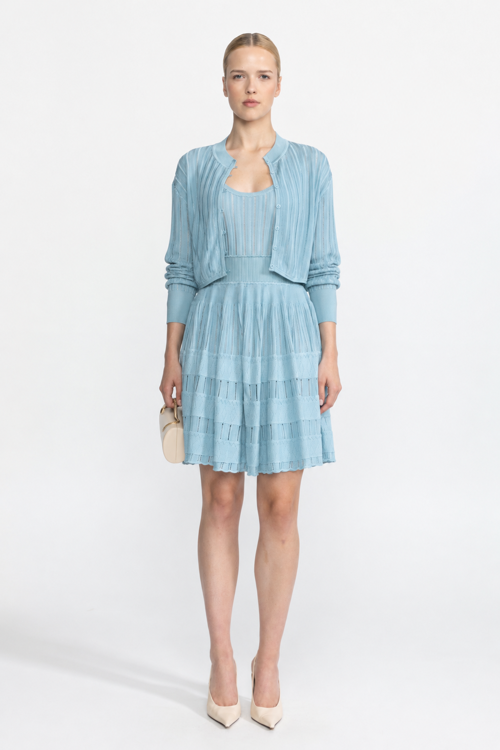 Jacinthe Light Blue Rib Pointelle Knit Cropped Cardigan and Skater Dress Set