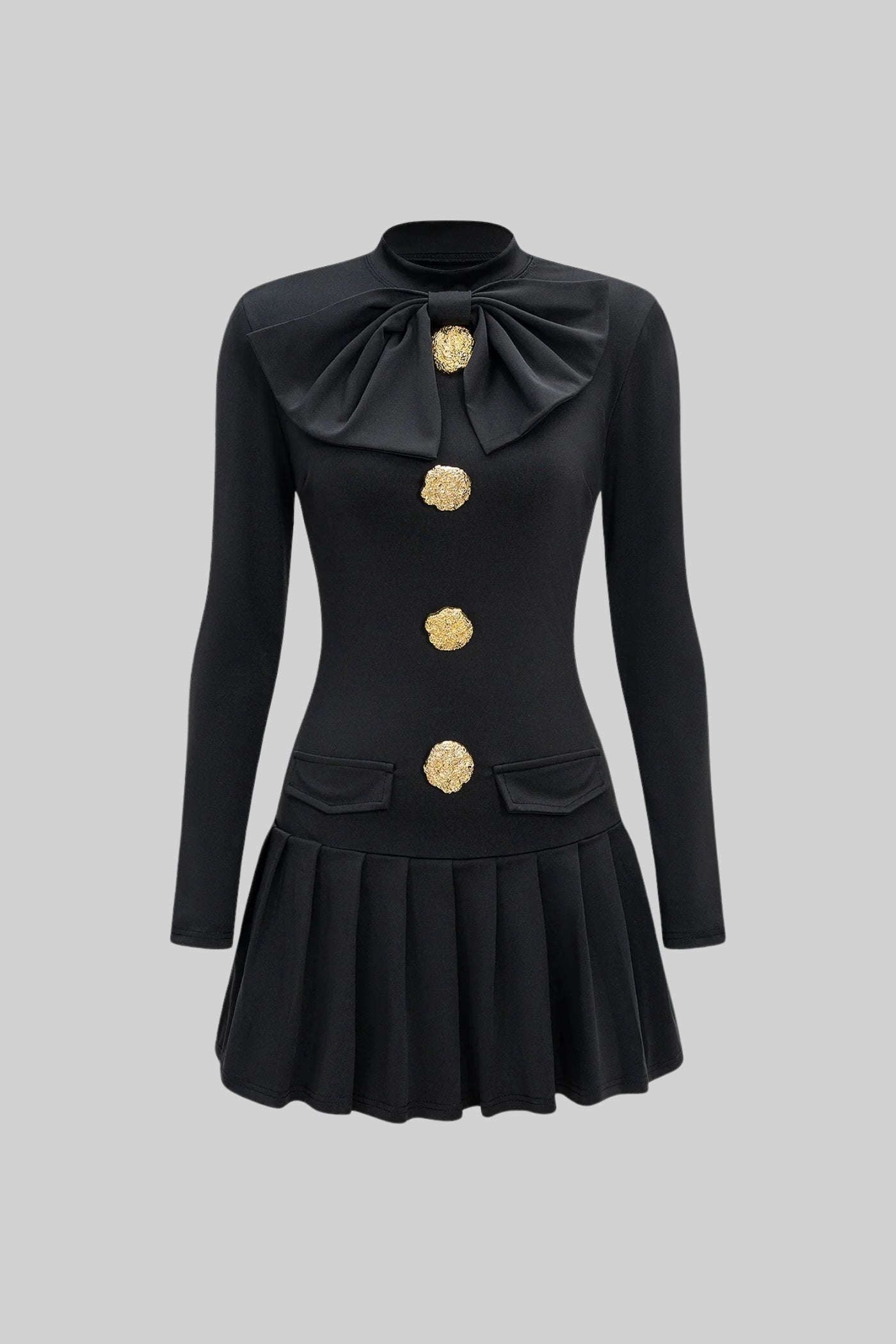 Bow-Neck Pleated Mini Dress with Gold Buttons – Black