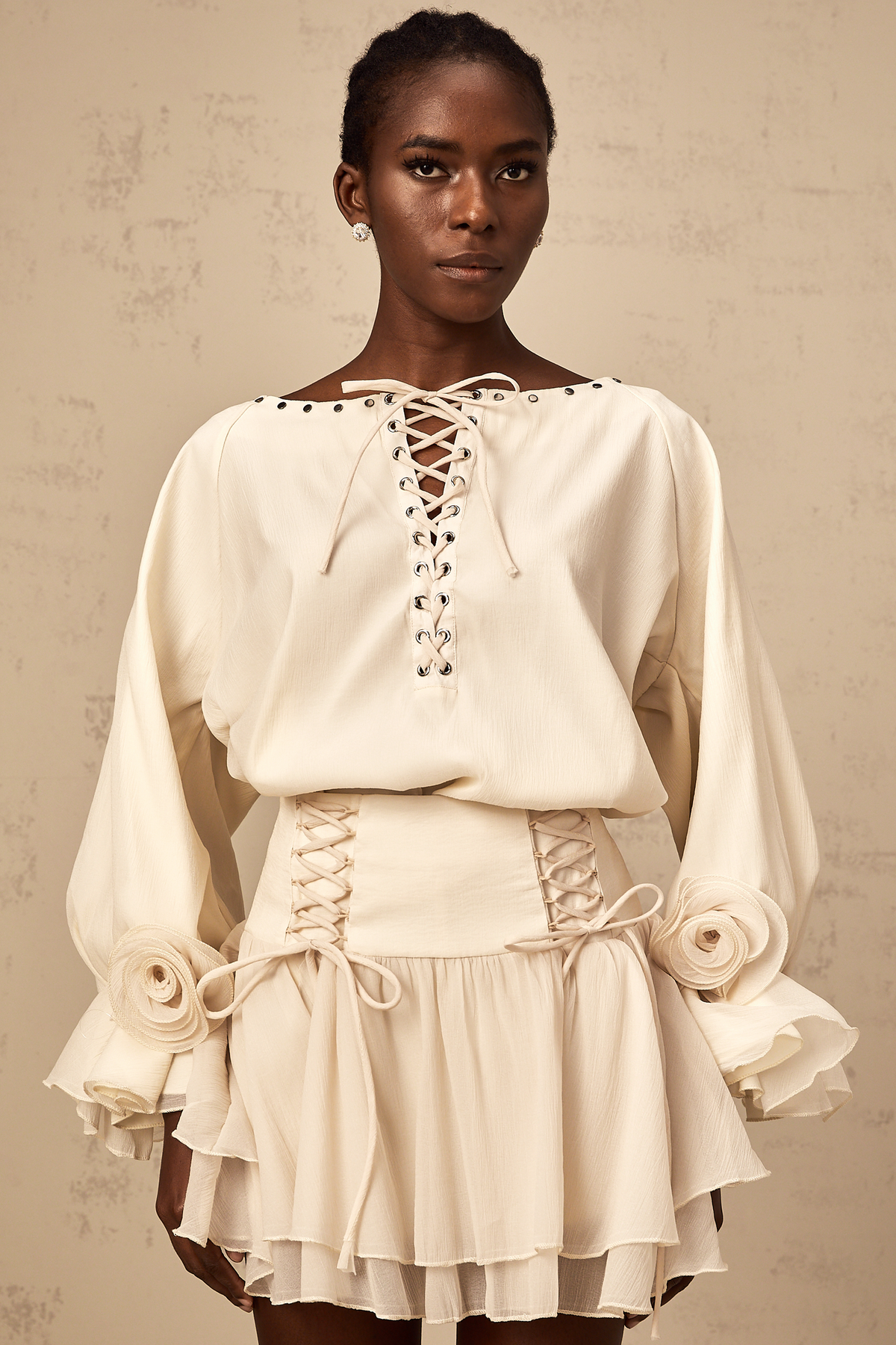 Perrine self-tie ruffled blouse & skirt matching set