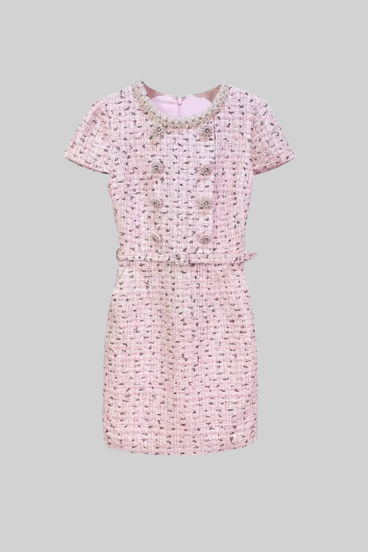 Elegant Textured Mini Dress With Short Sleeves And Matching Belt - Pink