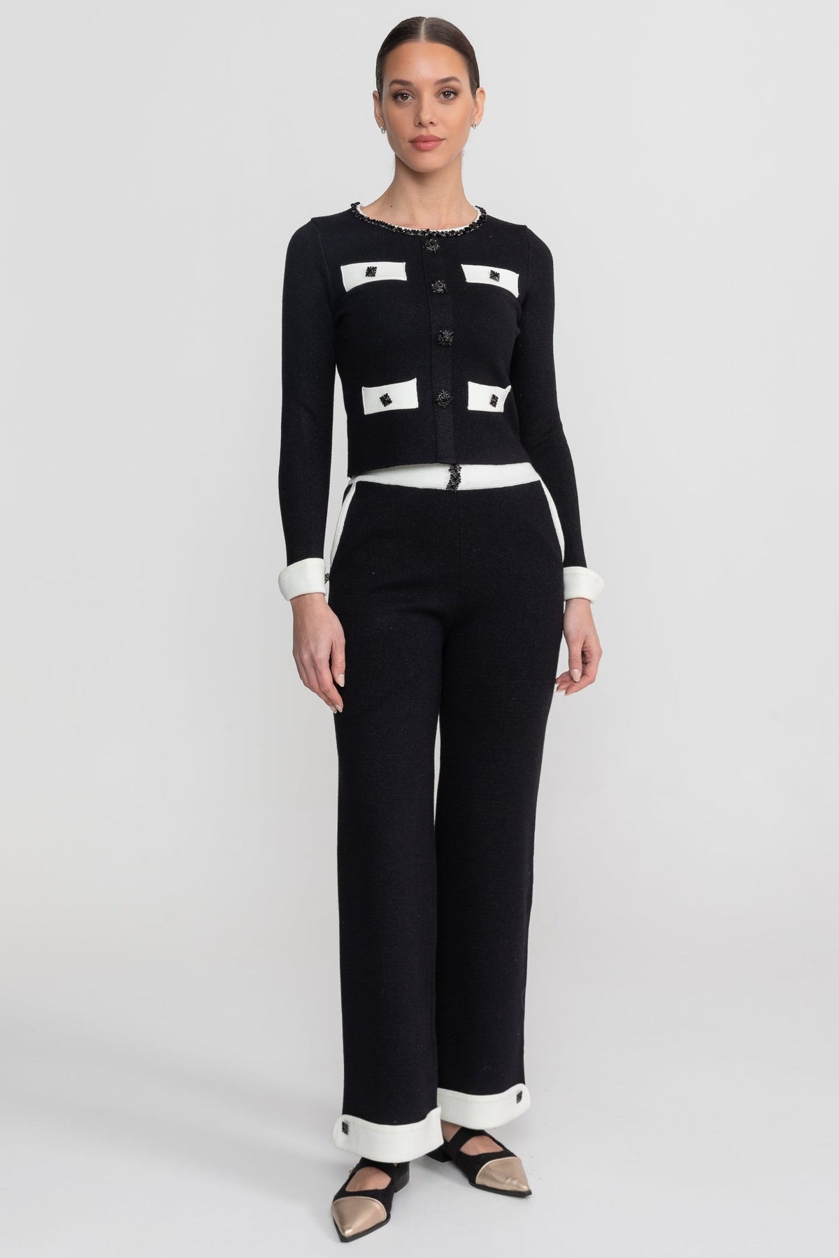 Francesca Black Long Sleeve Knit Co-Ord Set With Contrast Trim And Sparkling Embellishments