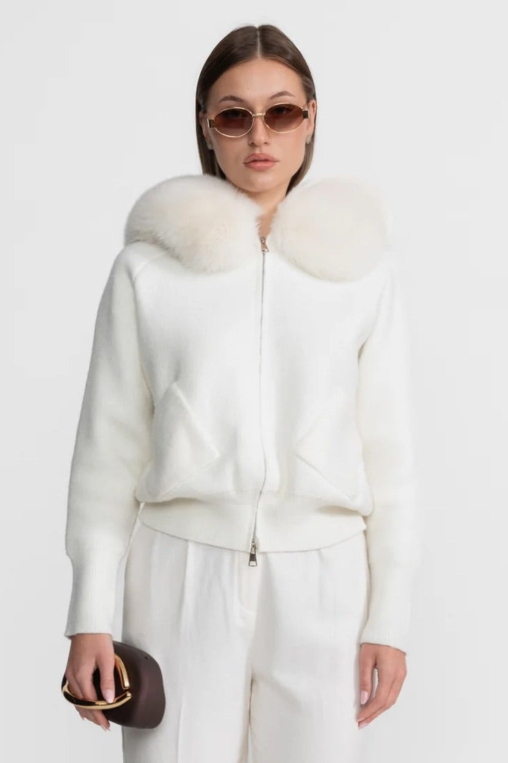 Zip-Up Wool Hoodie With Fox Fur Collar – White