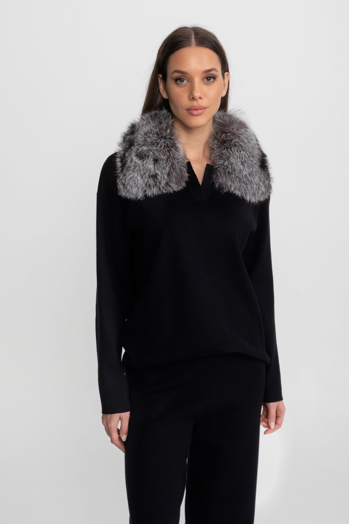 Elodie Black/Grey Knit Lounge Co-Ord Set with Fox Fur Collar