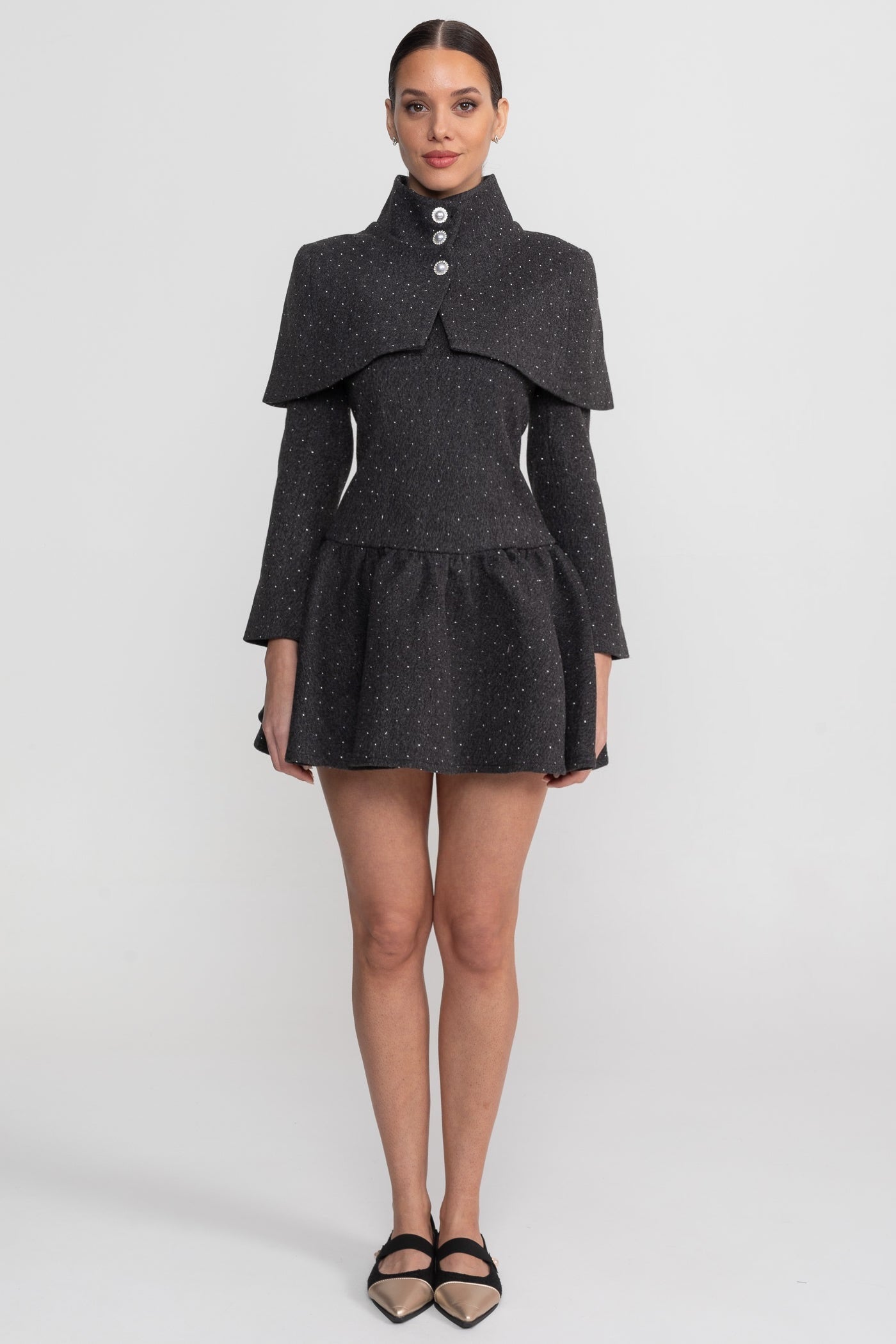 Long Sleeve Mini Dress With Detachable Cape Overlay - Charcoal