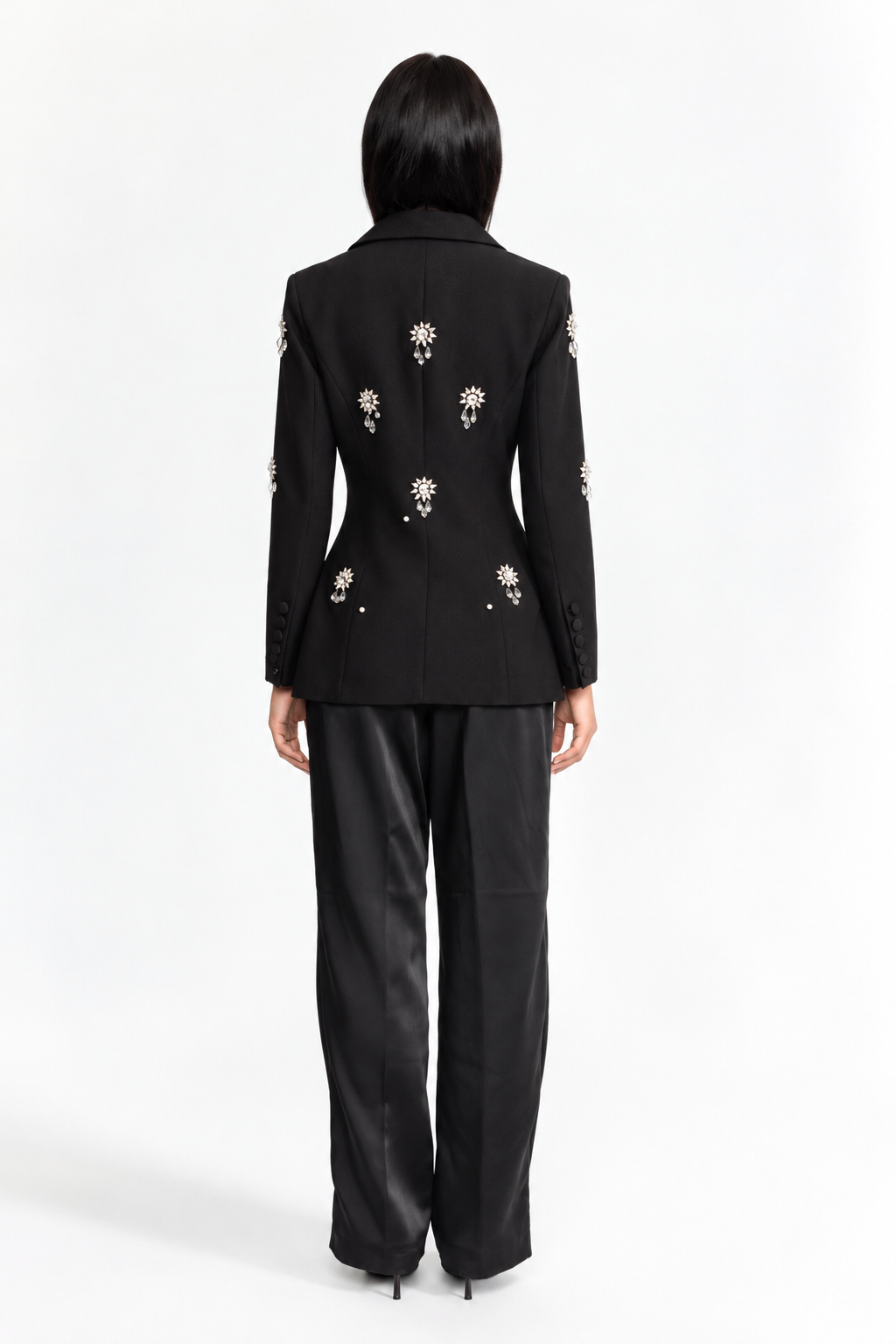 Lison Black Crystal Brooch Embellished Double-Breasted Blazer