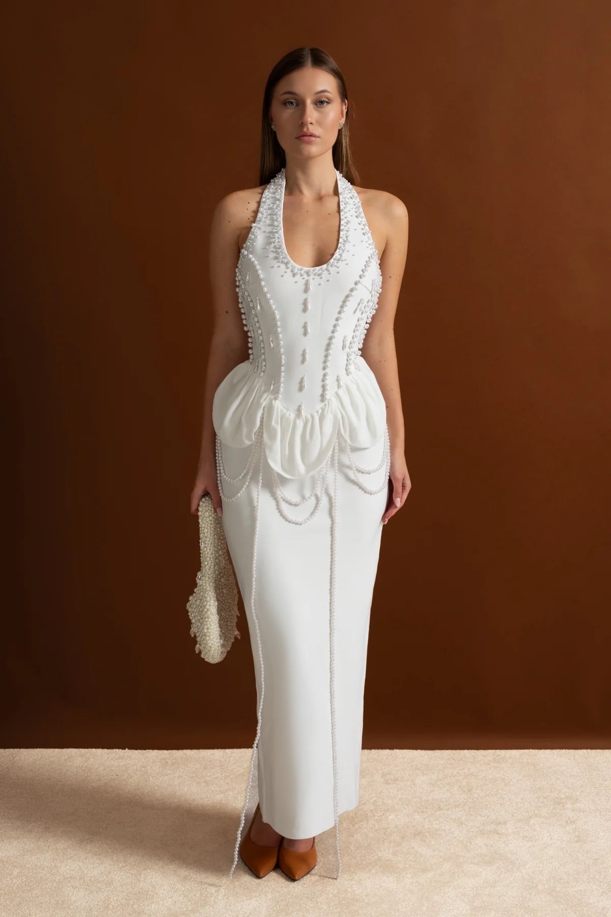 Embellished Halter Maxi Dress With Gathered Peplum Detail – White