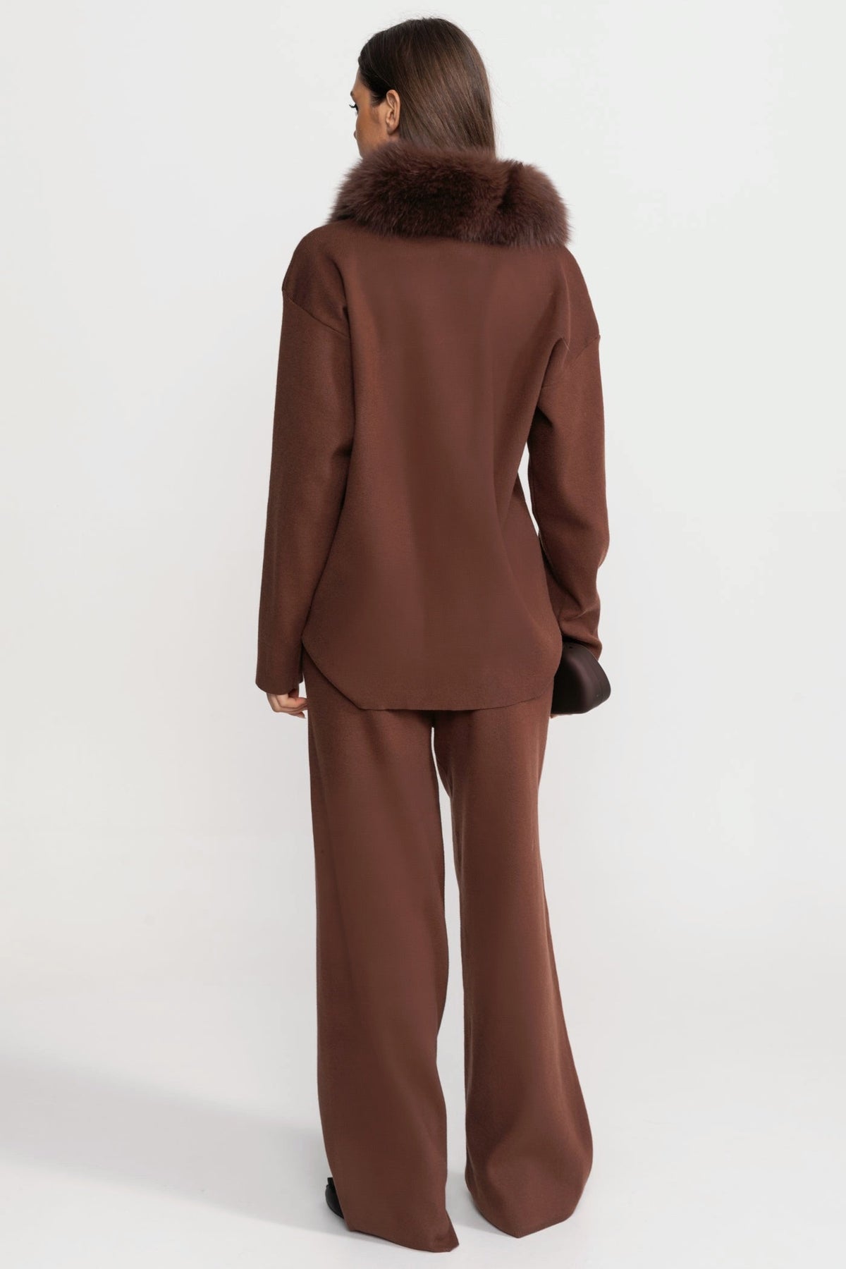 Elodie Brown Knit Lounge Co-Ord Set with Fox Fur Collar