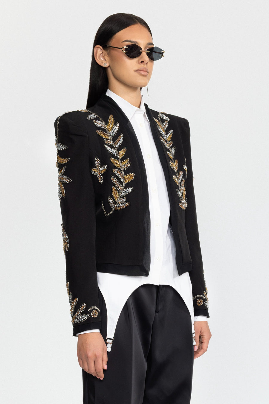 Séraphine Embellished Laurel Cropped Blazer - Black
