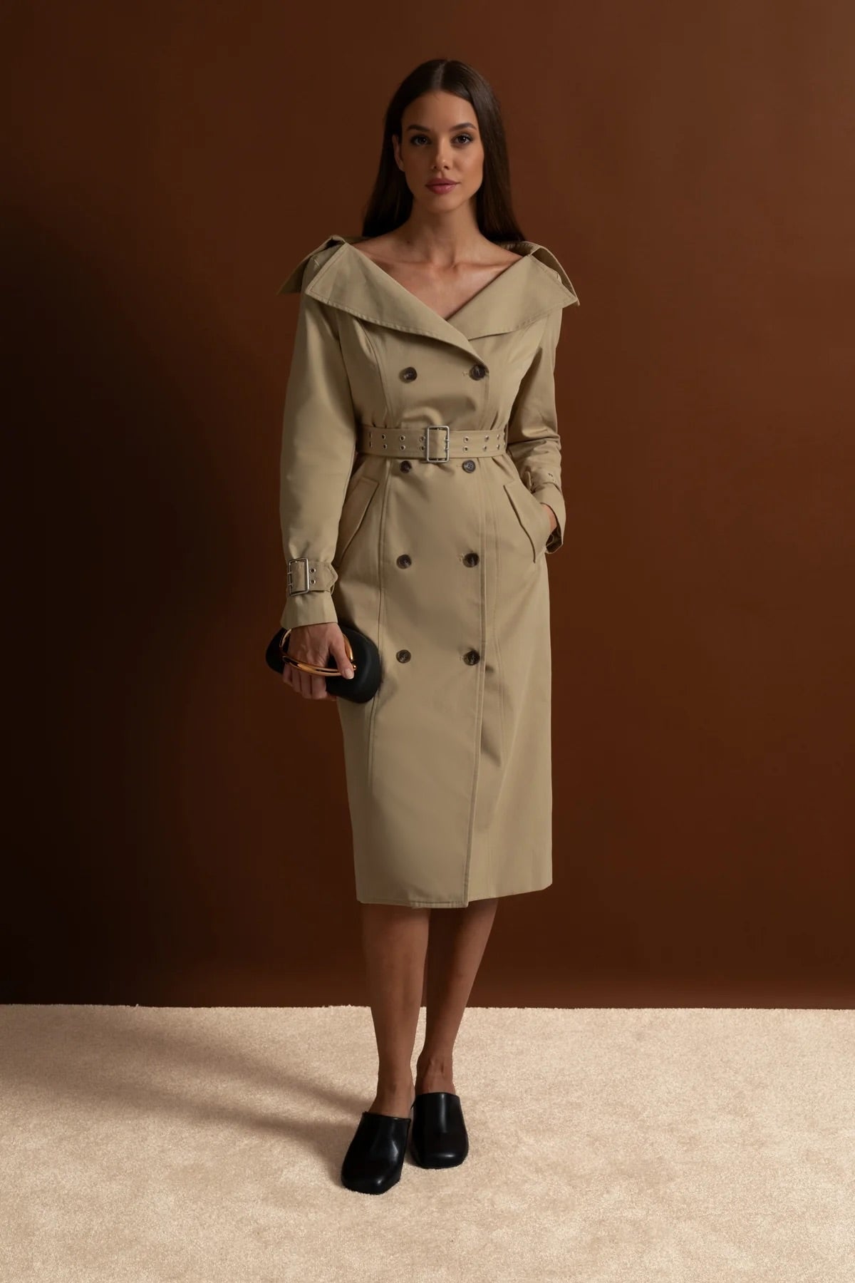 Off-Shoulder Double-Breasted Trench Coat Dress With Belted Waist – Brown