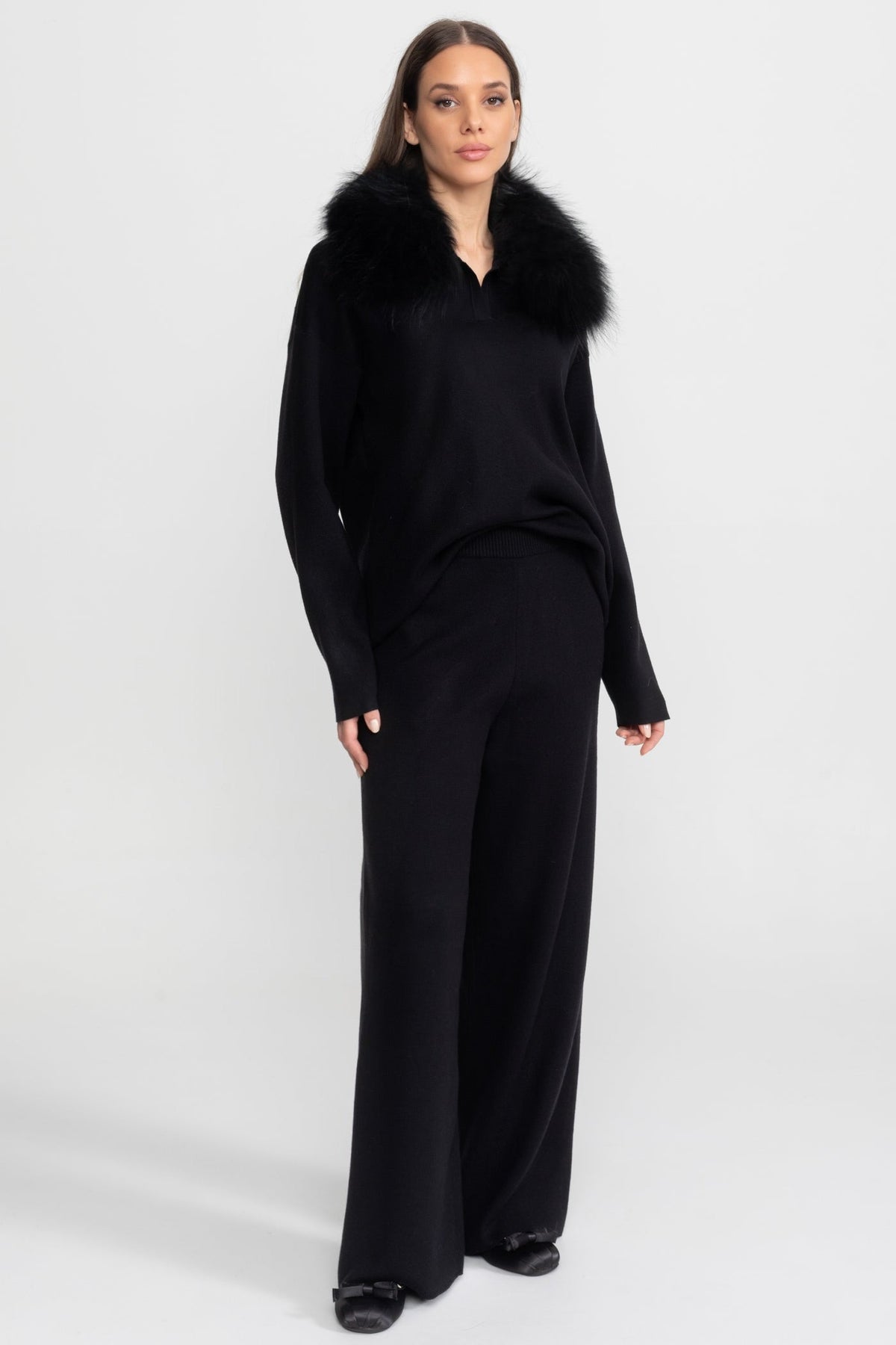 Elodie Black Knit Lounge Co-Ord Set with Fox Fur Collar