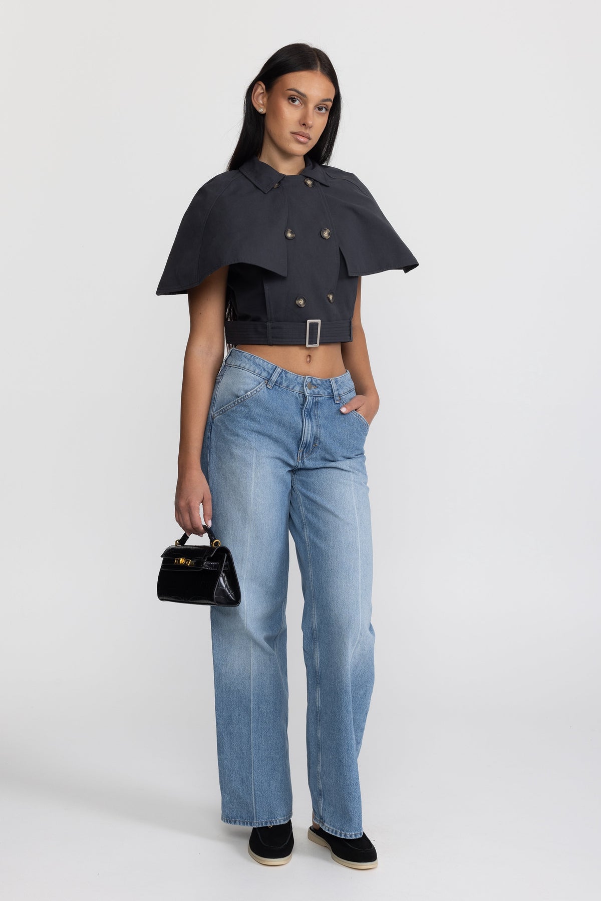Cropped Trench Cape Top with Belt - Navy