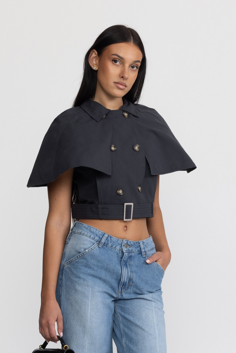 Sabine Cropped Trench Cape Top with Belt - Navy
