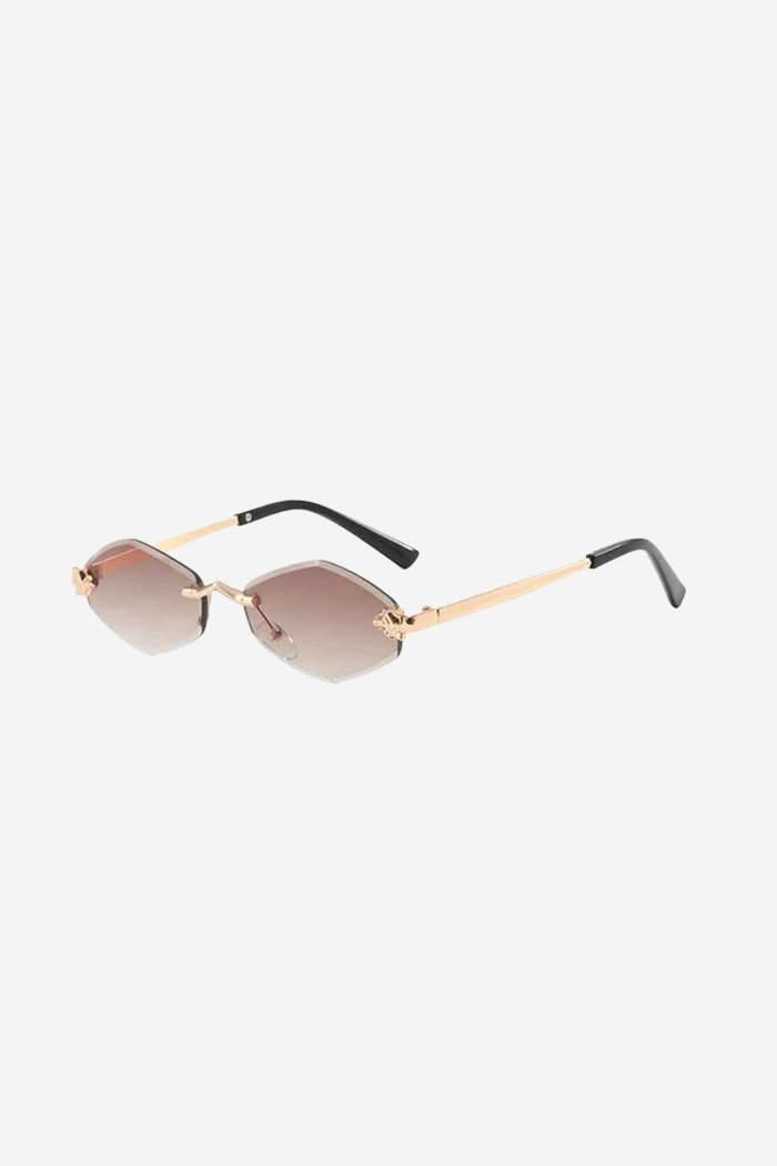 Rimless Hexagon Sunglasses with Gold Patterned Temples – Brown