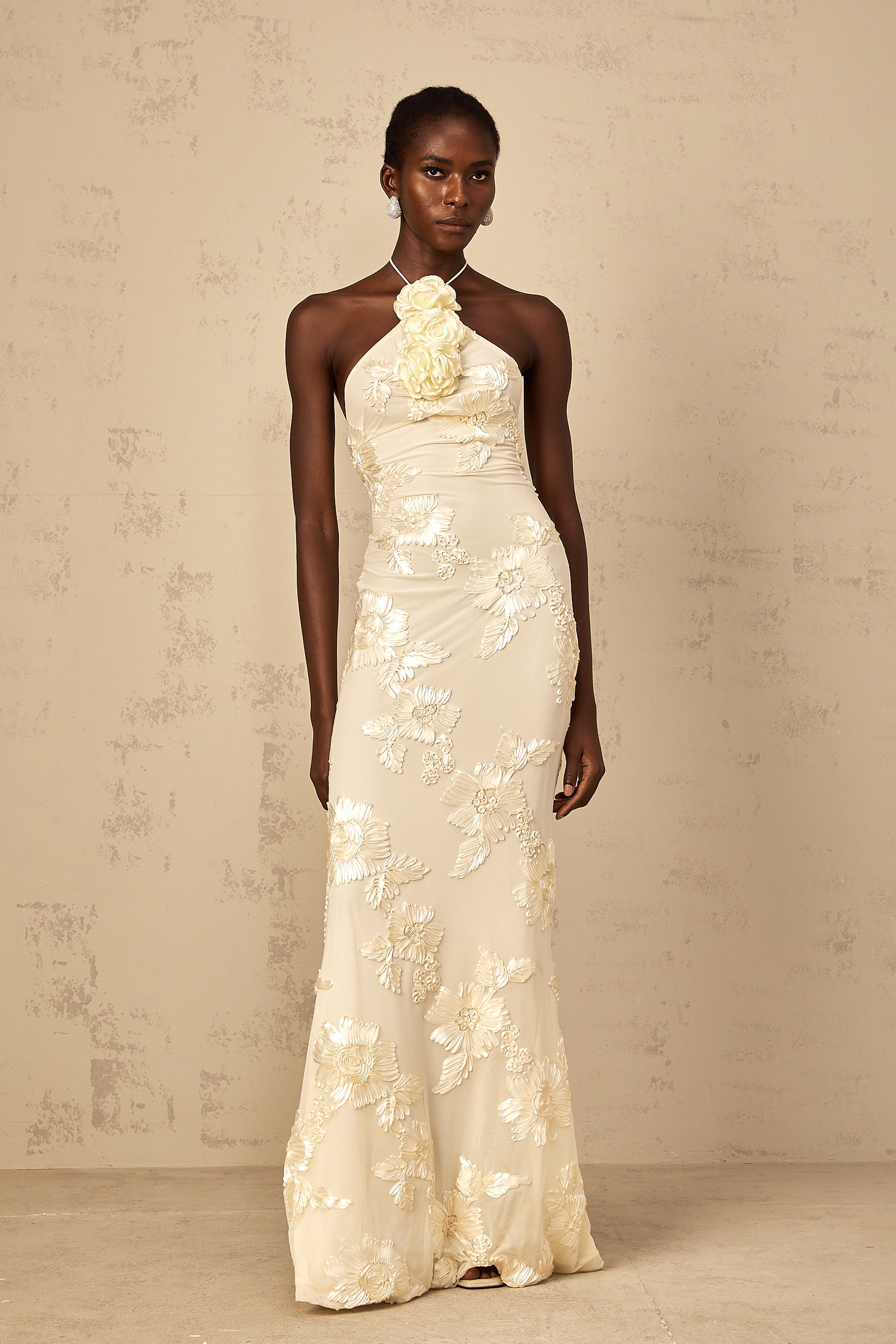 Melanie Neutrals Embroidered Halterneck Maxi Dress (Final Sale-US Only)