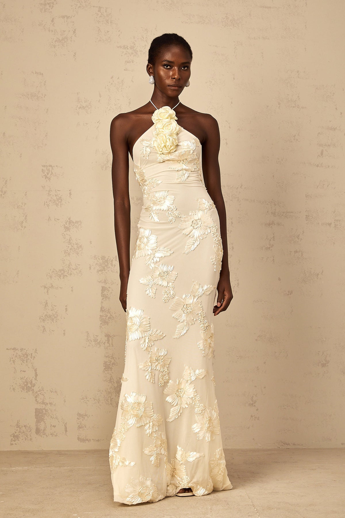 Melanie Neutrals Embroidered Halterneck Maxi Dress (Final Sale-US Only)