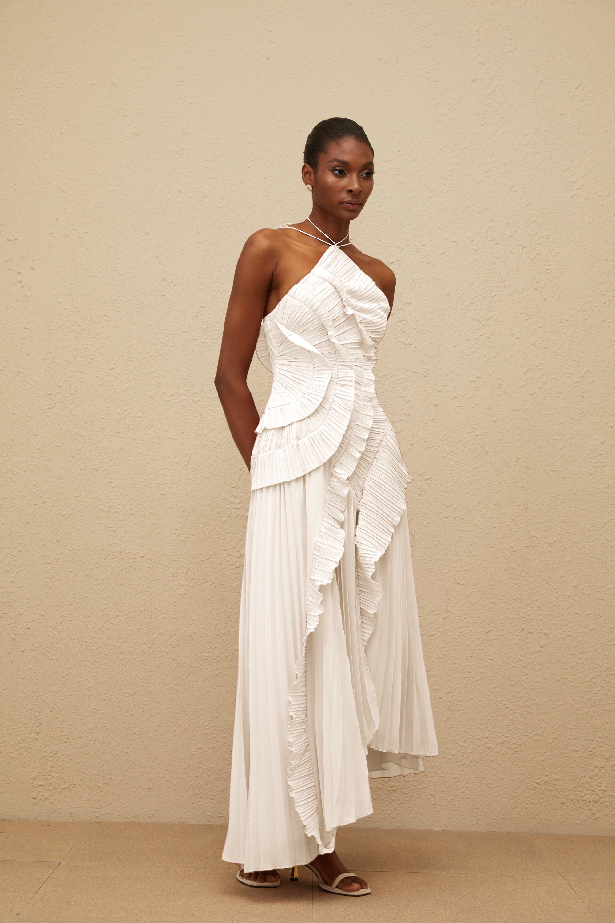 Doux White Ruffled Trim Pleated Midi Dress (Final Sale-US Only)