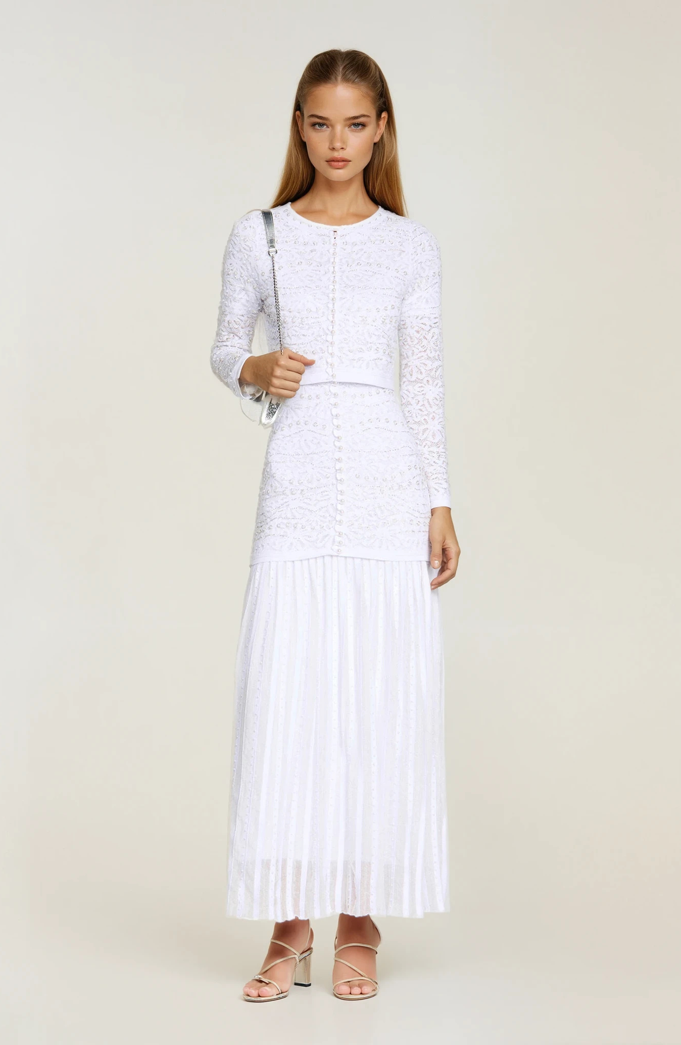 Sandro Celeste Embellished Knit Maxi Dress with Cropped Pearled Cardigan - Pearl White