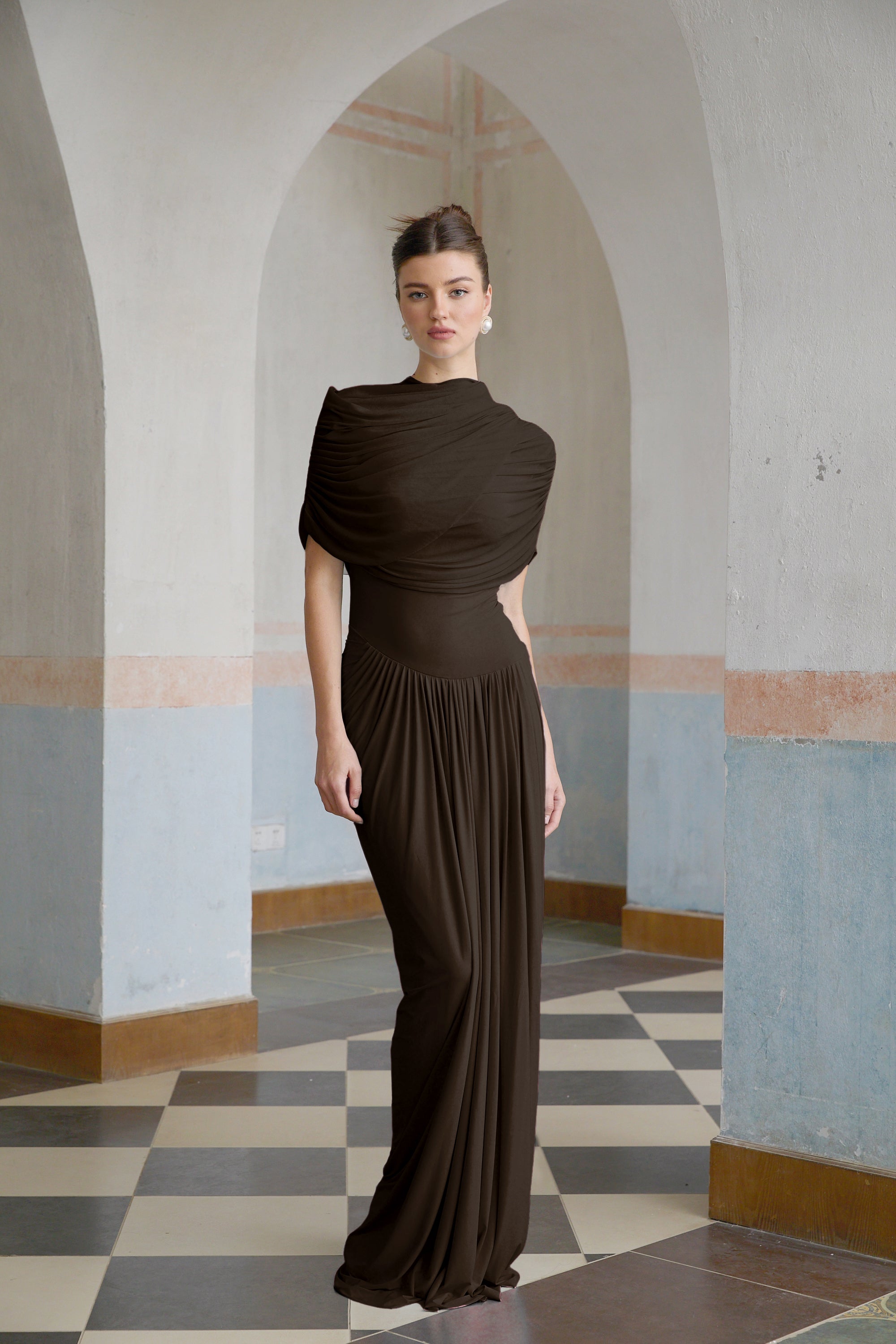 Catherine asymmetrical pleated maxi dress in Brown (Final Sale-US Only)