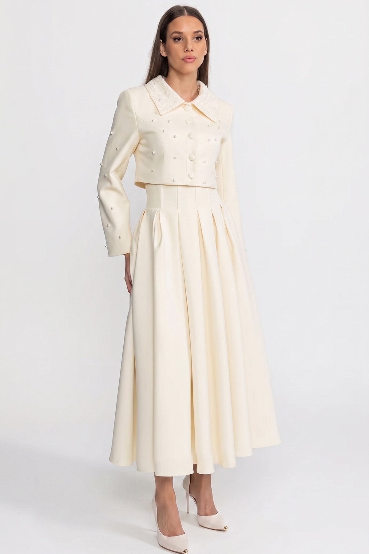 Pearl-Embellished Co-Ord Set with Cropped Jacket and Full Skirt – White