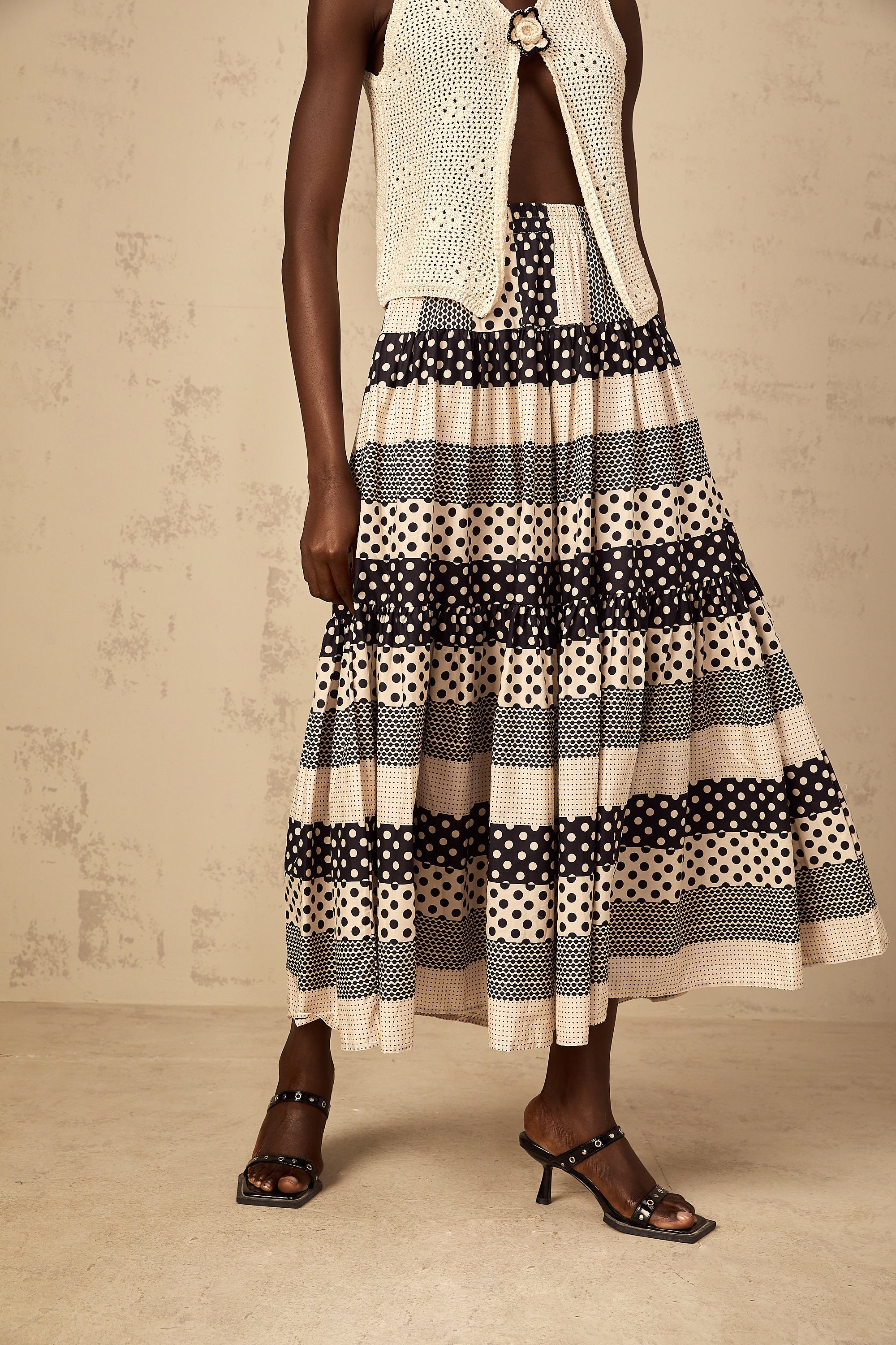 Joséphine Color Block Shirred Polka Dot Skirt