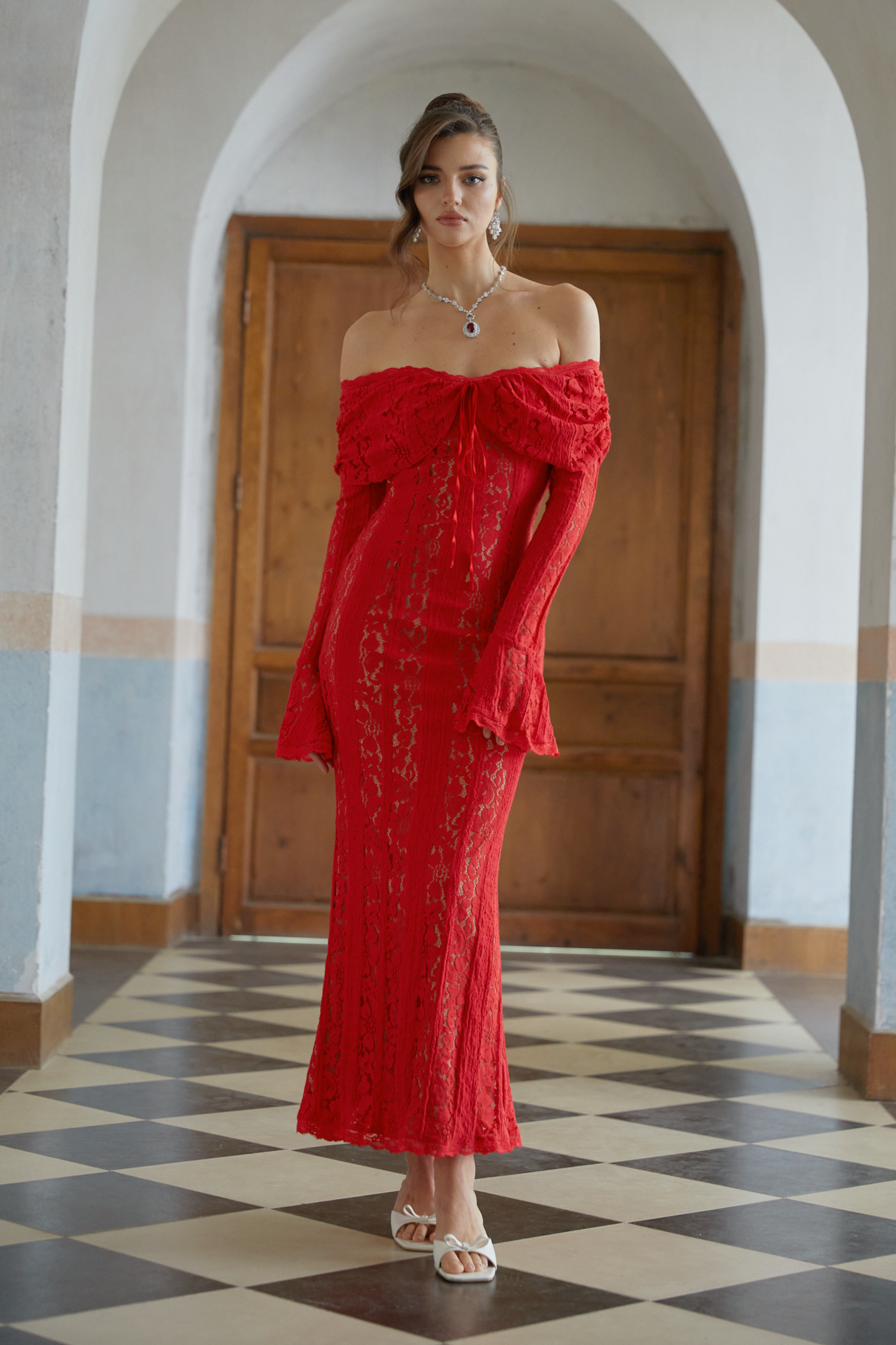 Émeline Red Floral Lace Flared-cuff Midi Dress (Final Sale)