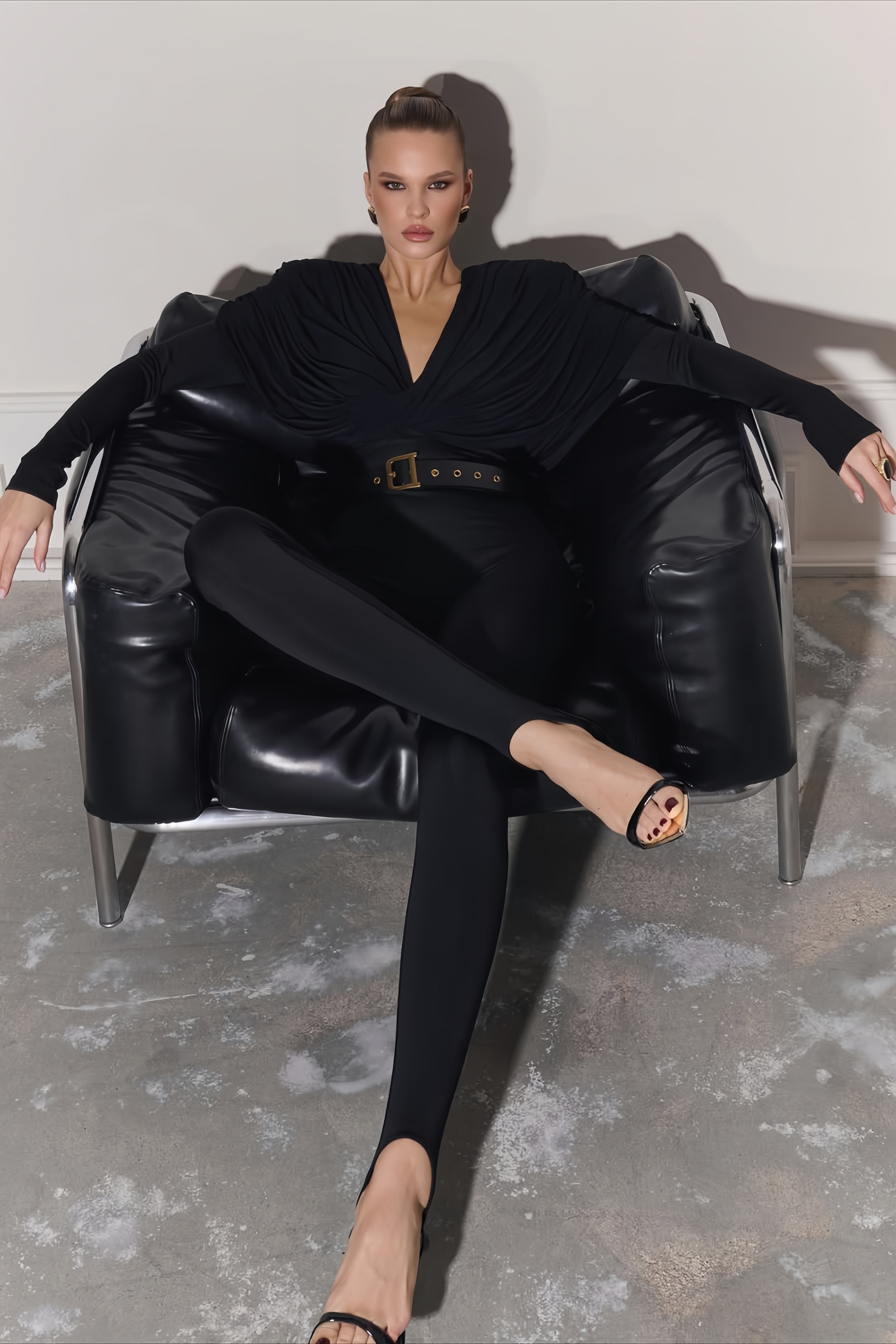 Gianina Black Deep V-Neck Draped Jumpsuit