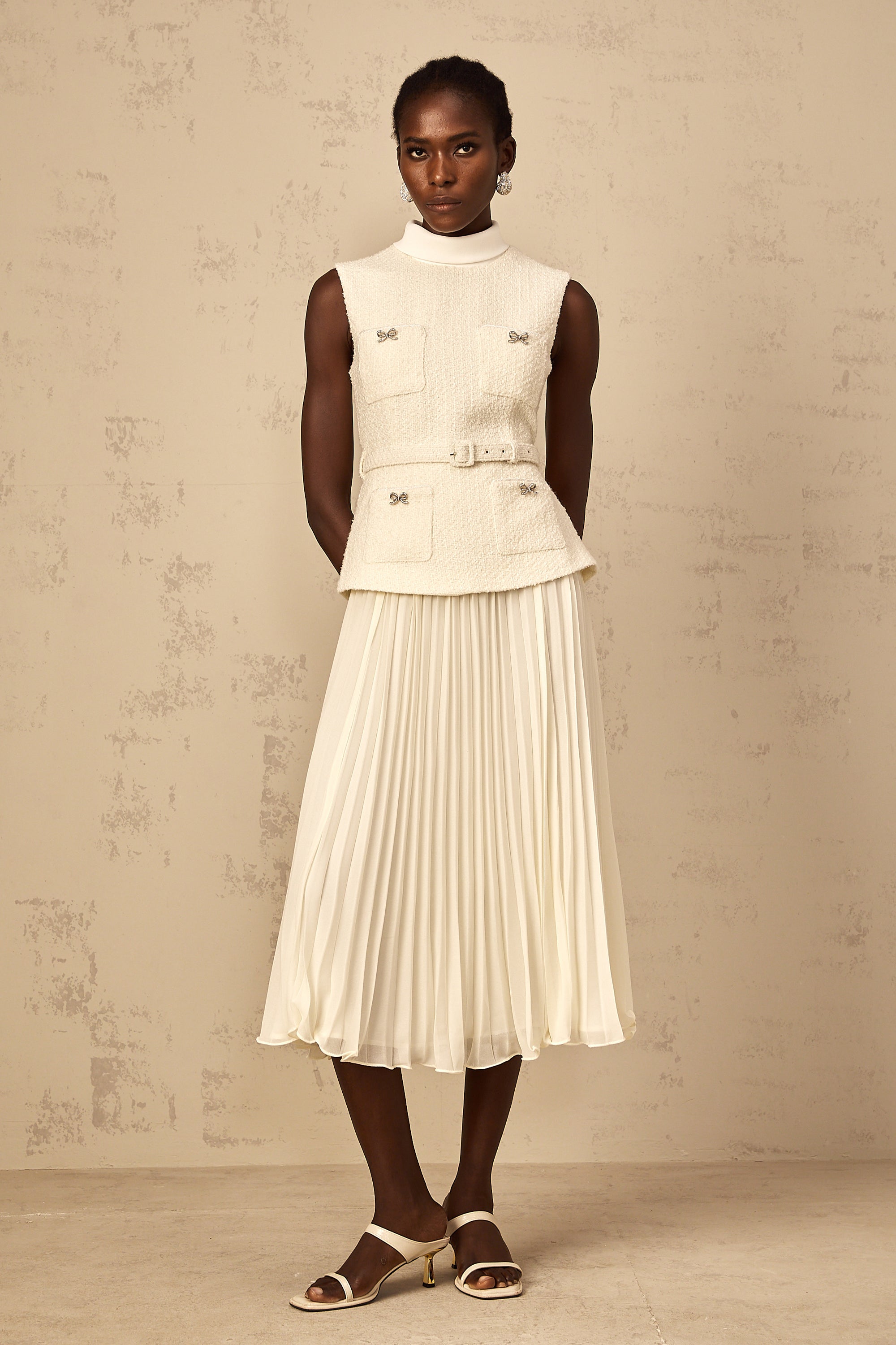 Dulcie Off-White Tulle Panel Tweed Midi Dress