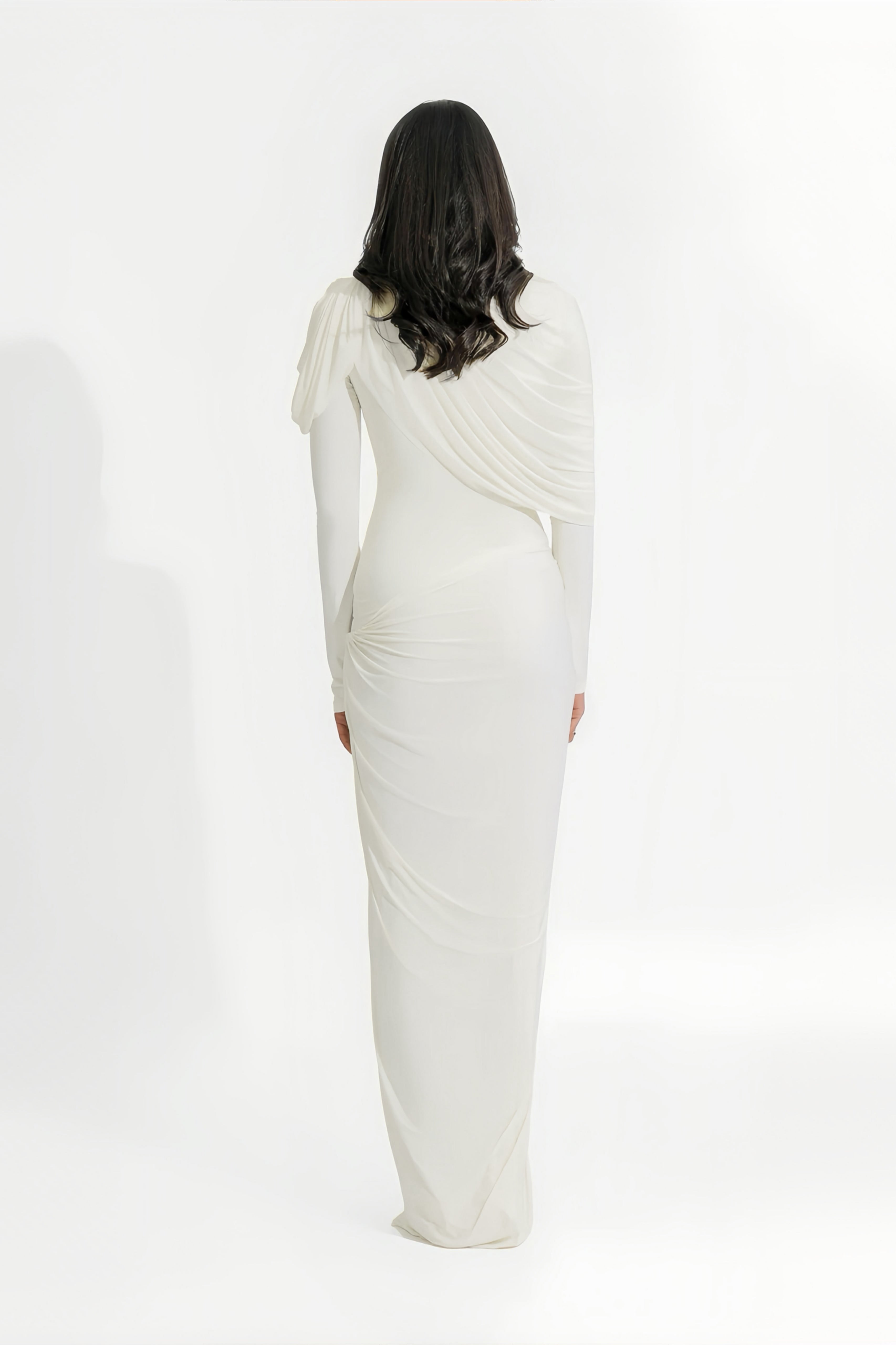 Bronwyn White Draped Pleated Asymmetrical Maxi Dress (Final Sale-US Only)