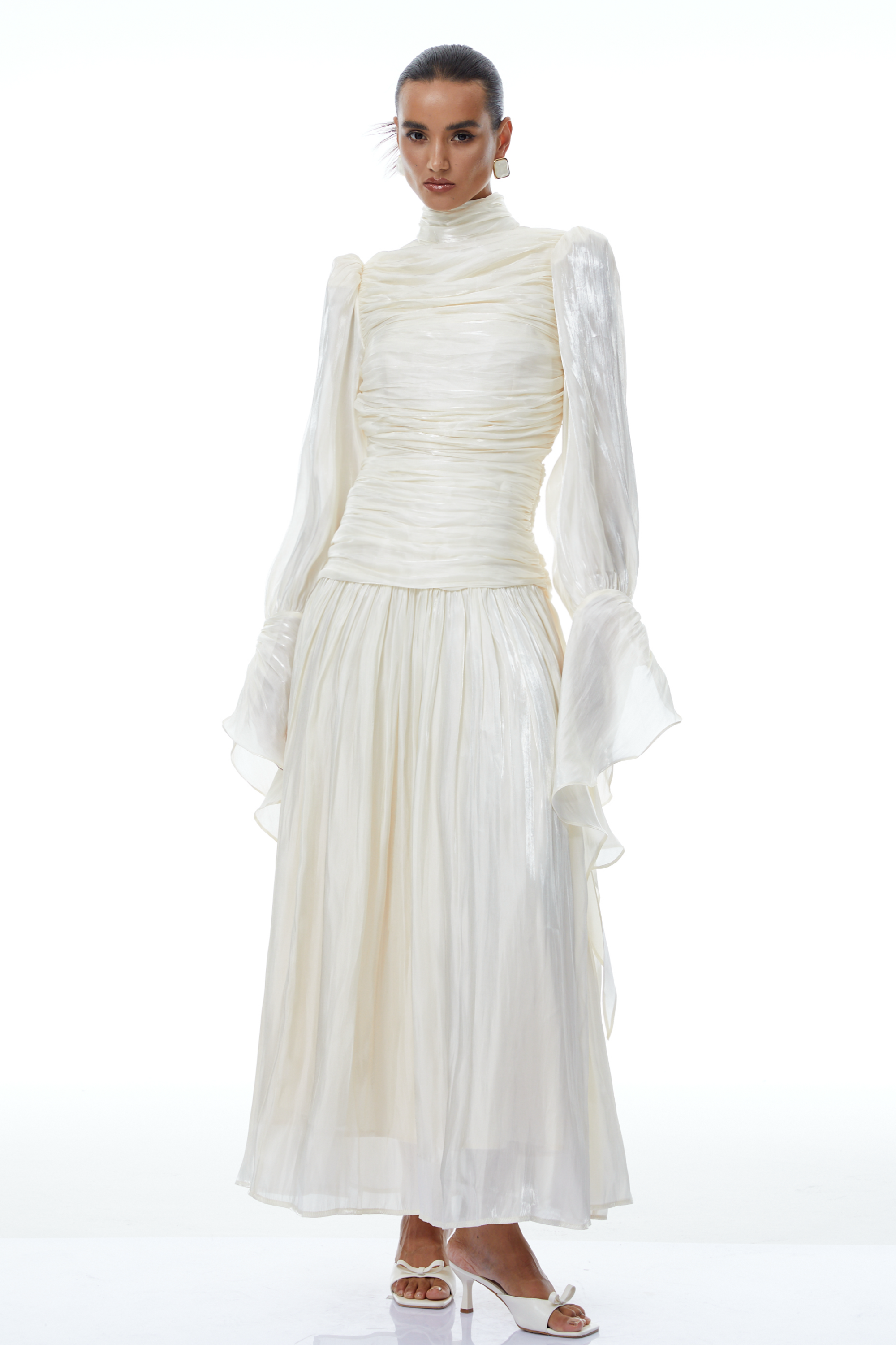 Sarolta Neutral Glossy Ruched Maxi Dress (Final Sale-US Only)