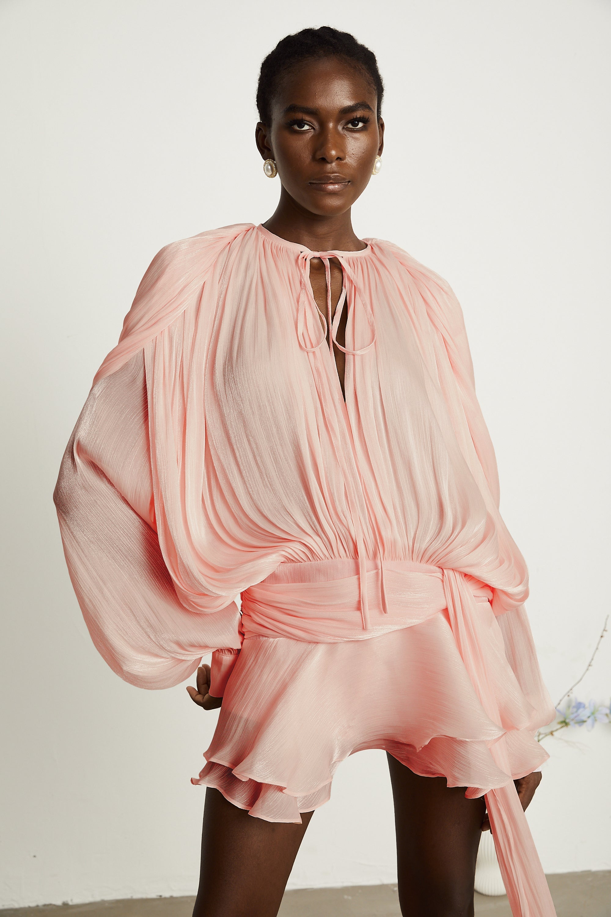 Eugénie fully-pleated ruffled mini dress in Pink