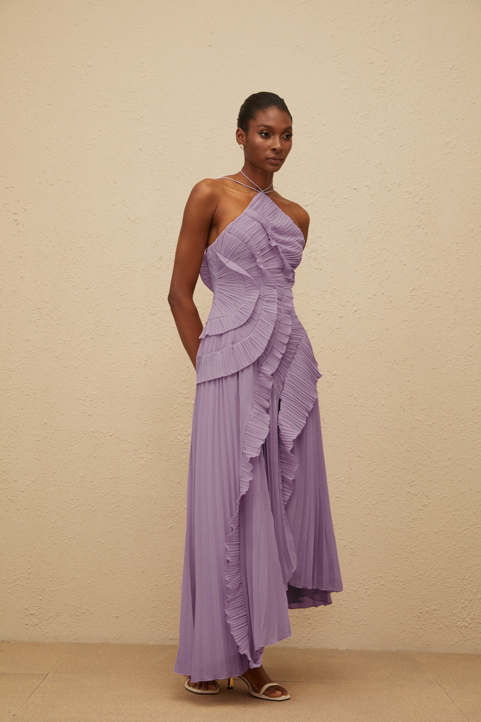Doux Purple Ruffled Trim Pleated Midi Dress