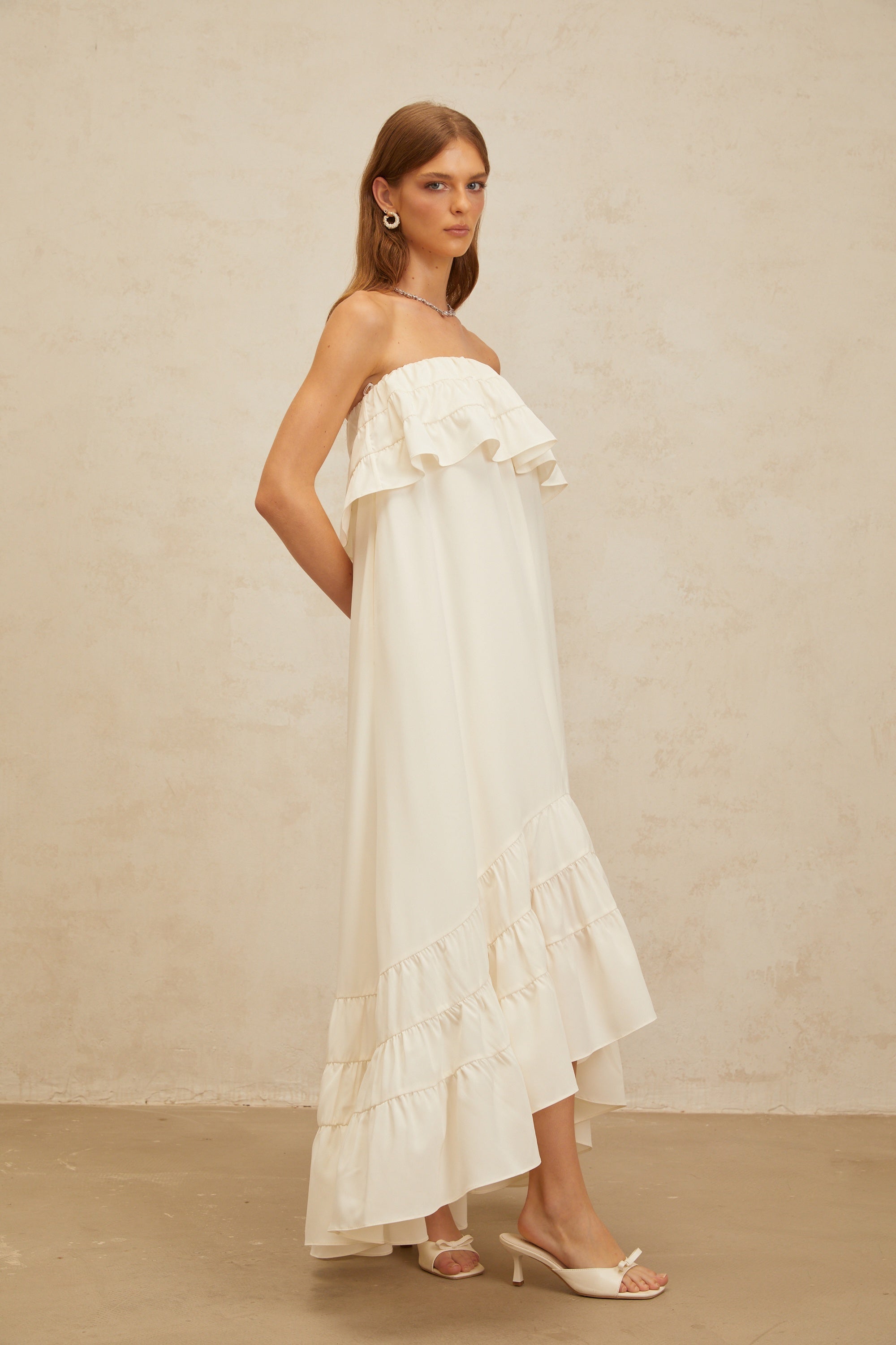 Bénédicte White Vibrant Off Shoulder Shirred Maxi Dress