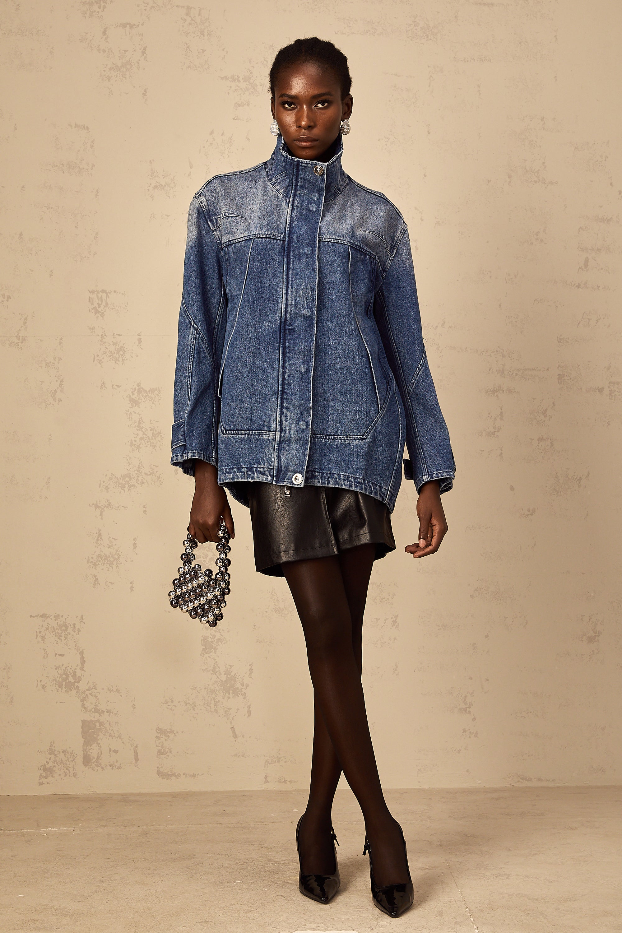 Géraldine blue patchwork loose-fit denim jacket