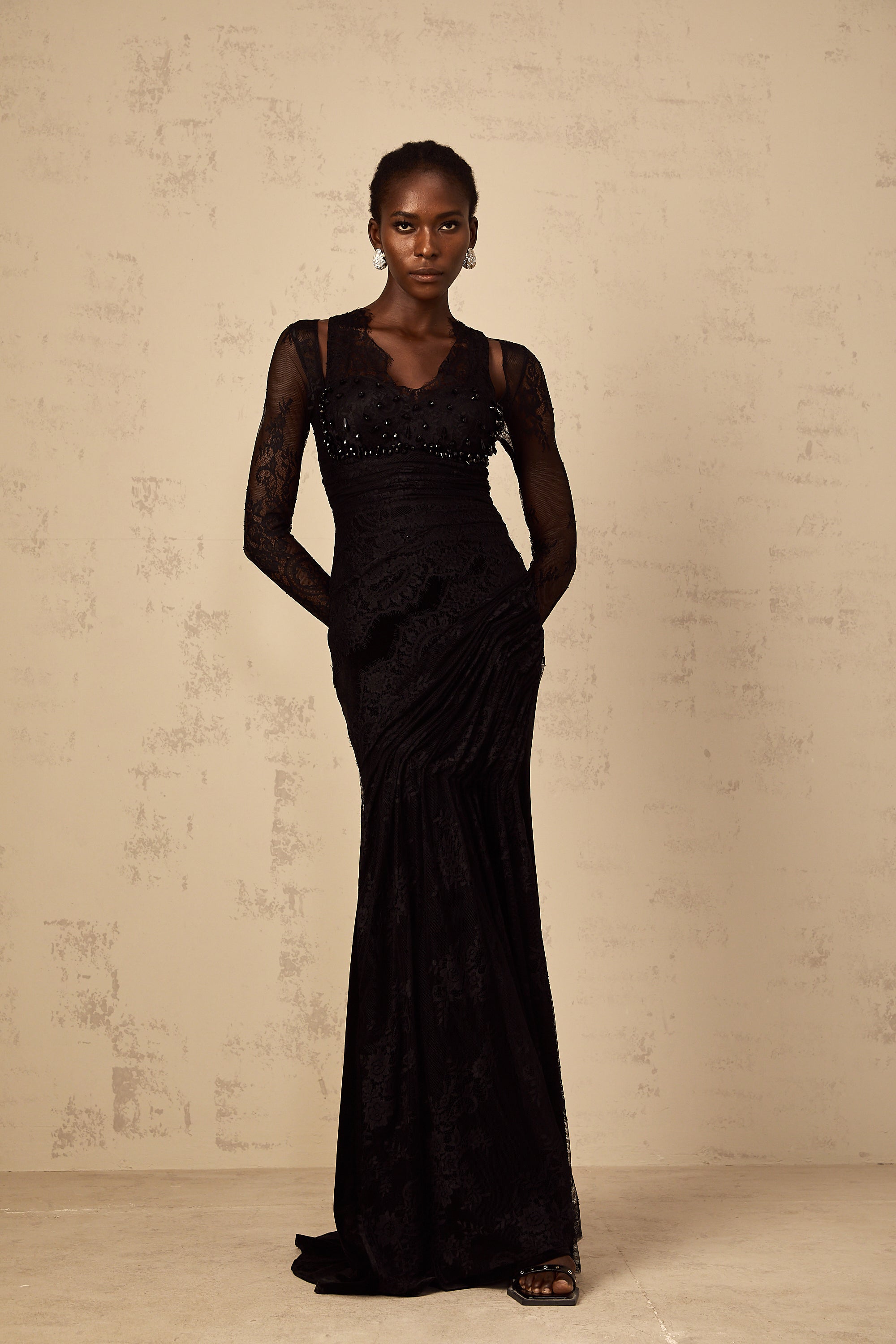 Ursula black floral-lace mermaid maxi dress
