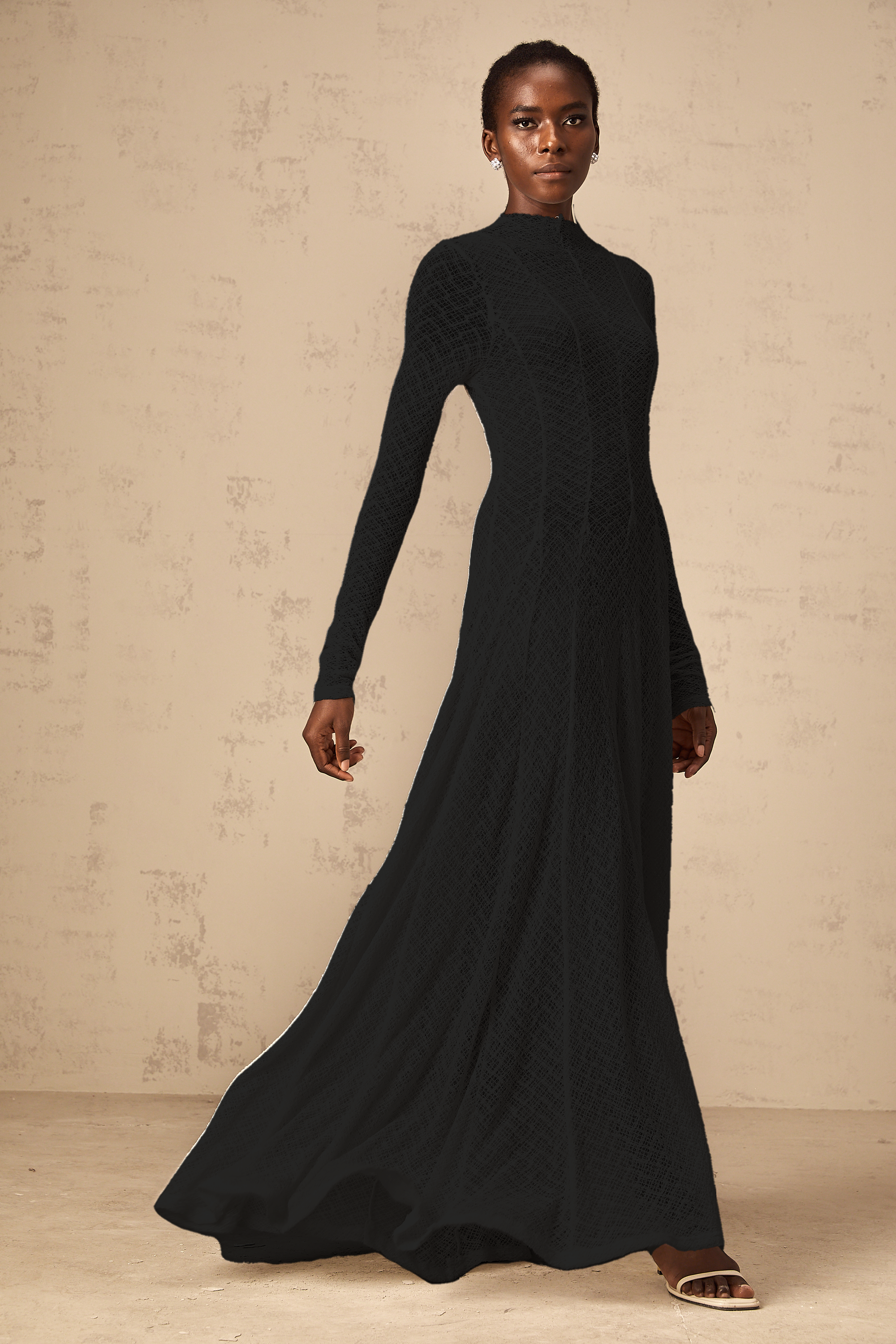 Athena wavy-pattern lace maxi dress in Black