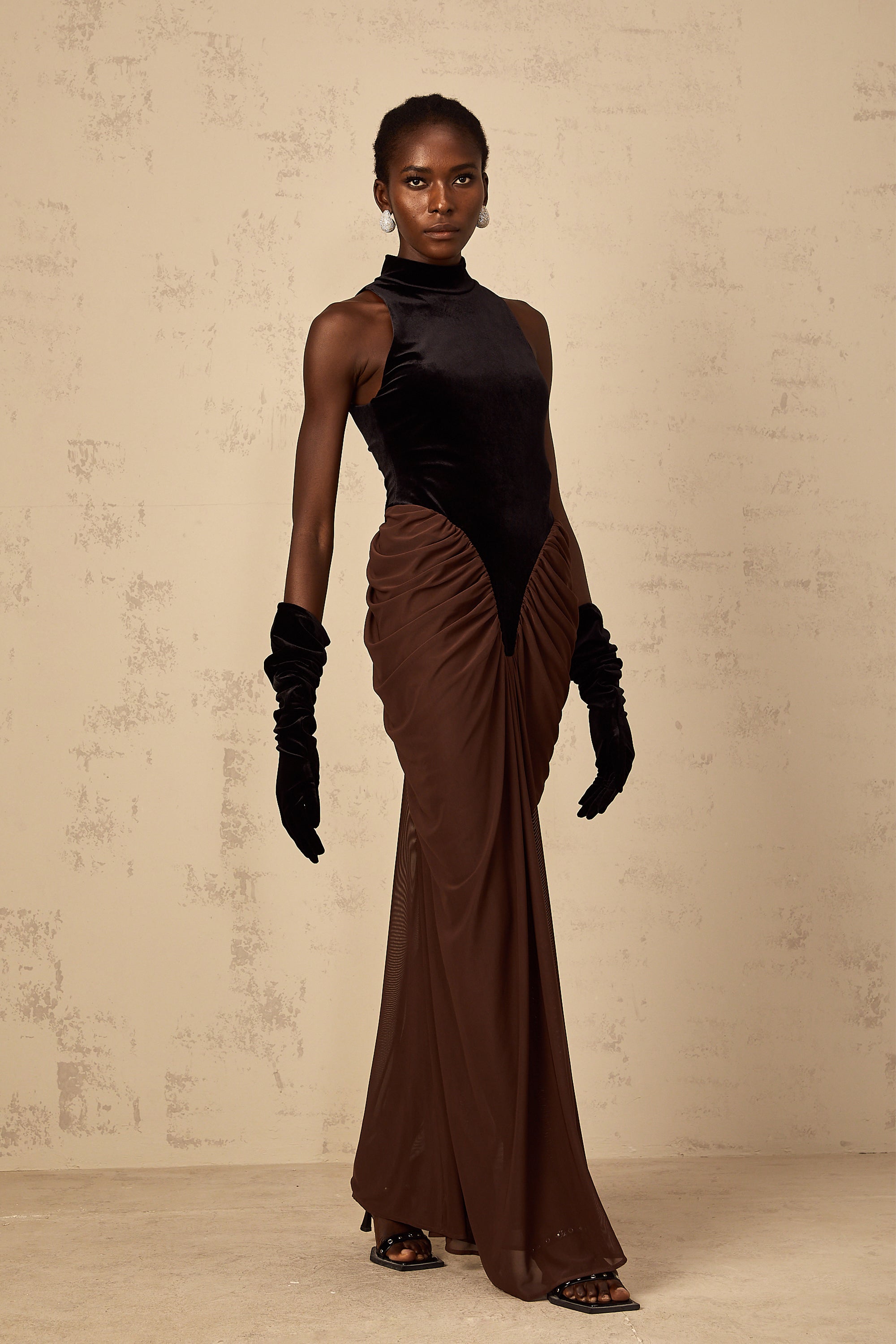 Mathilde brown velvet-panel ruched maxi dress
