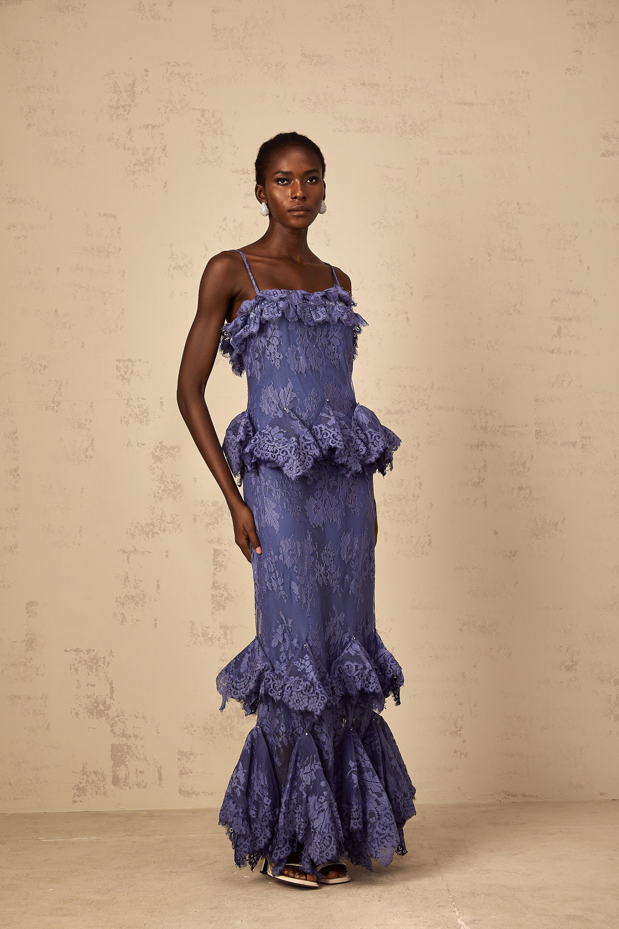 Héloïse Purple Floral Lace Ruffled Maxi Dress