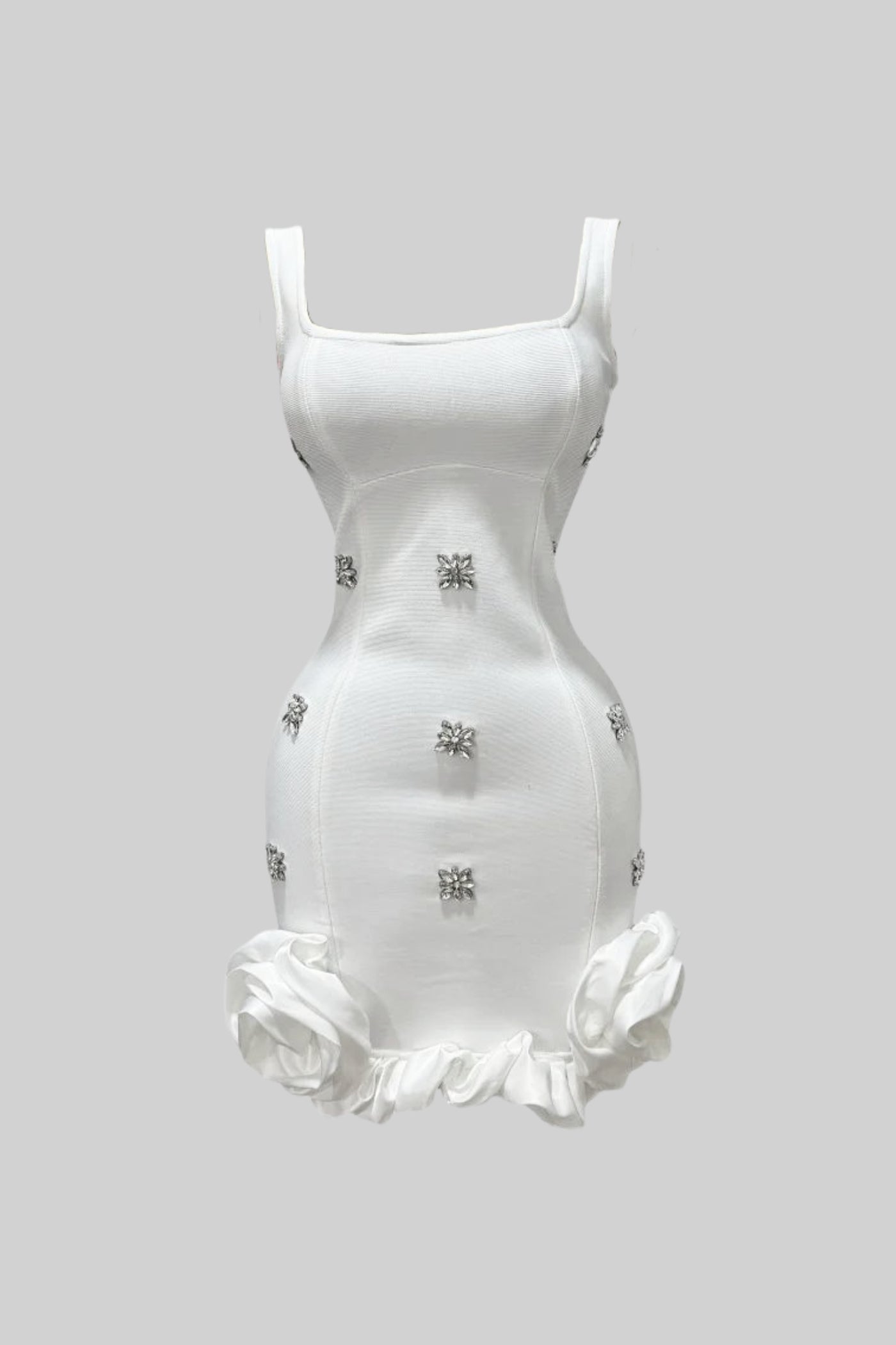 Embellished Bodycon Mini Dress With Crystal Flowers – White