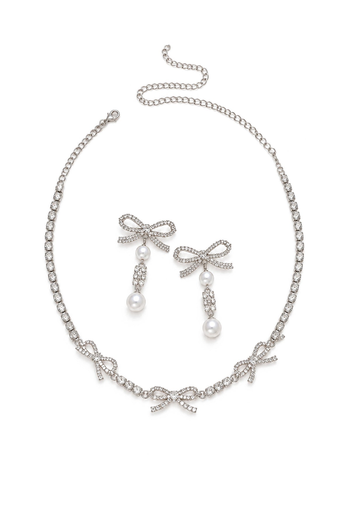 Arlette Silver Crystal Bow Necklace and Pearl Drop Earrings Set