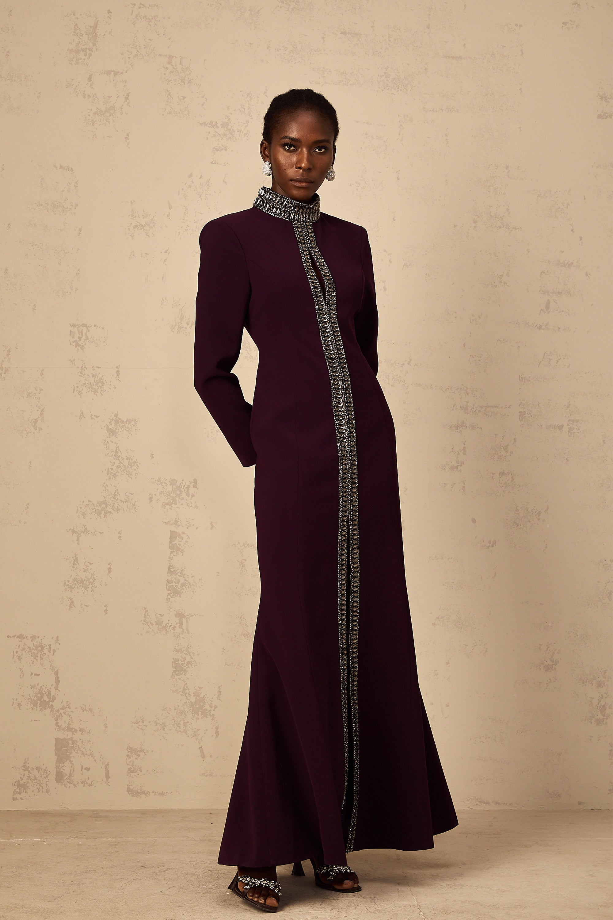 Maëlie Burgundy Embellished Flared Maxi Dress