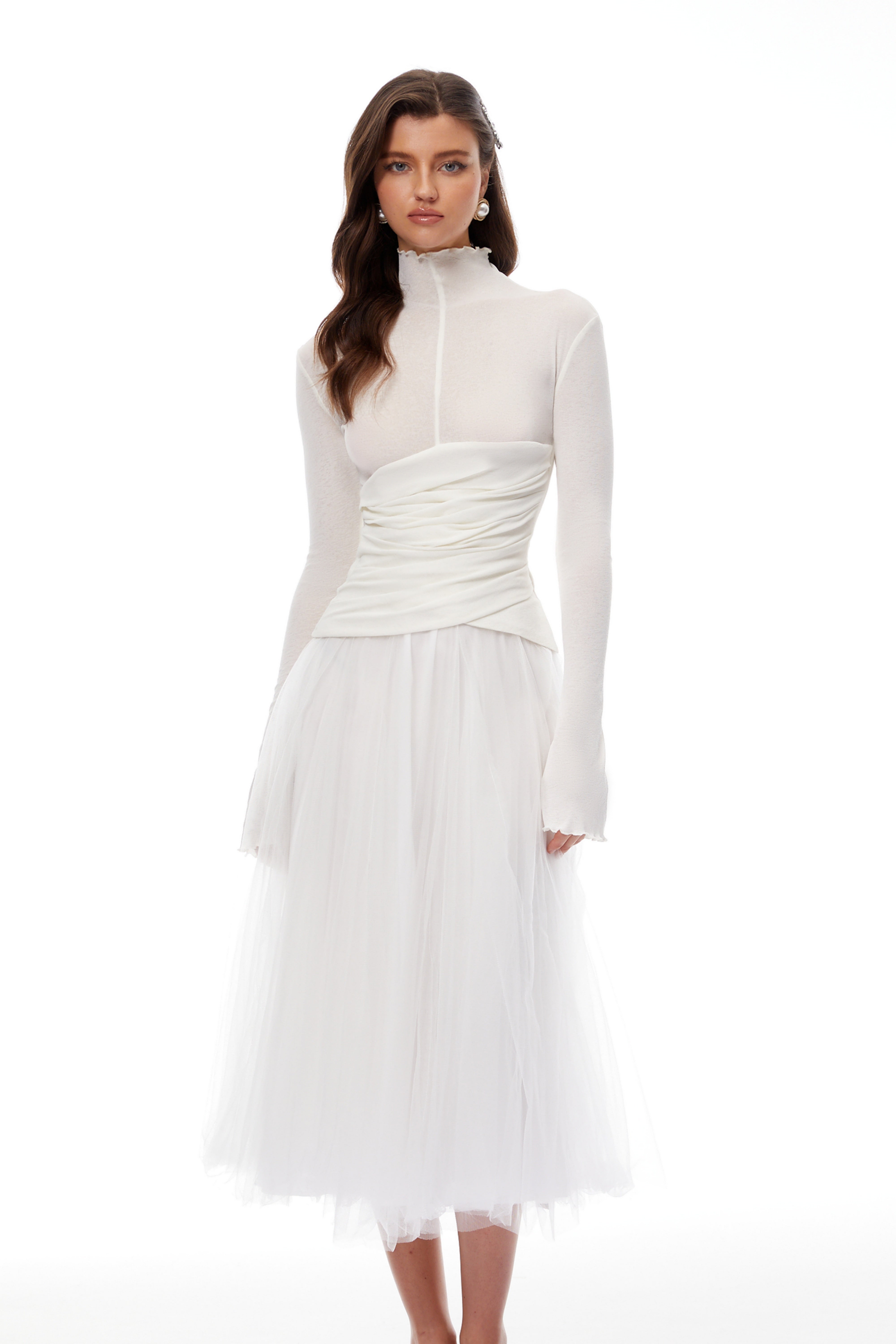 Lark White Tulle Panel Knit Midi Dress (Final Sale-US Only)