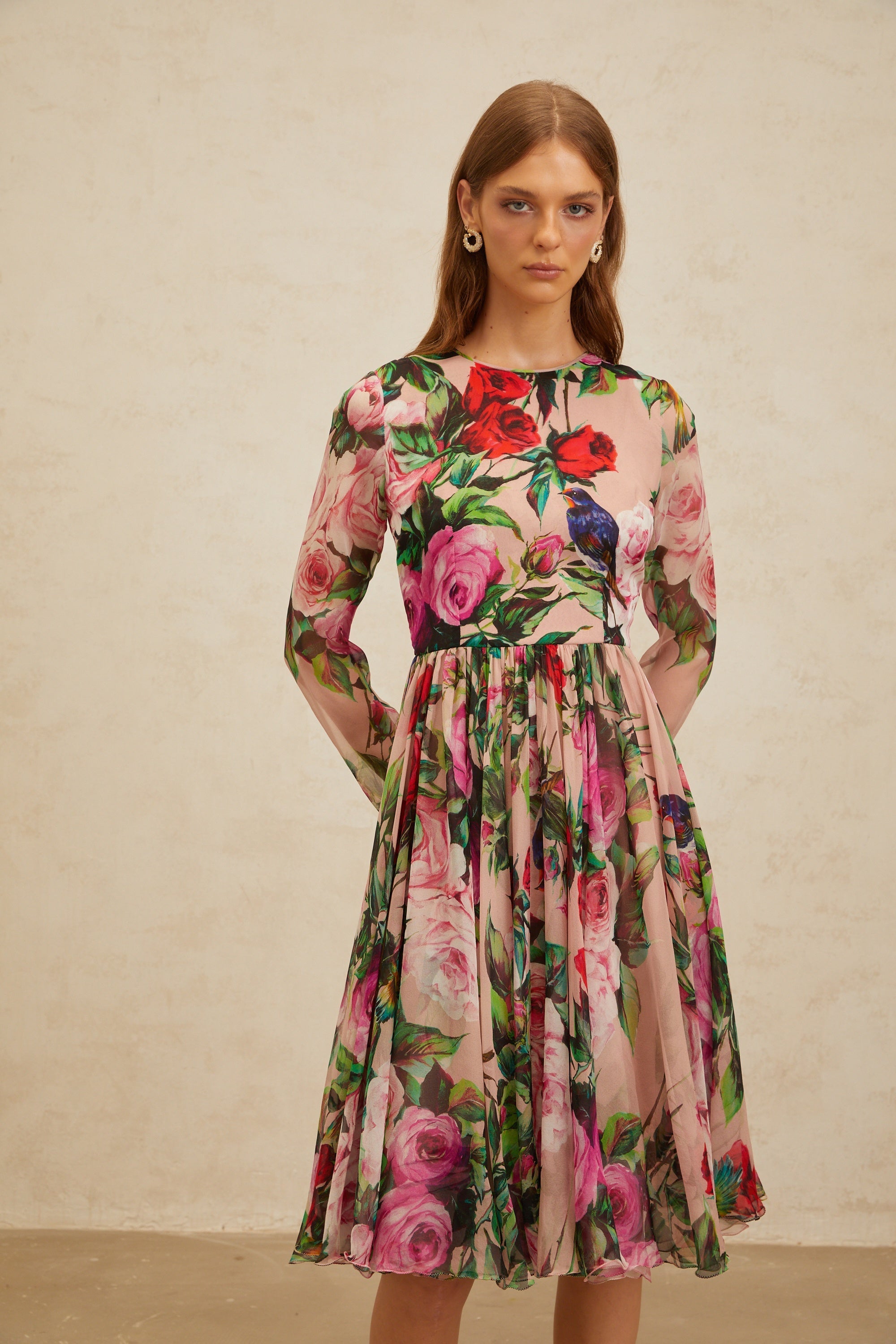 Coralie Pink Rose Print Summer Silk Midi Dress