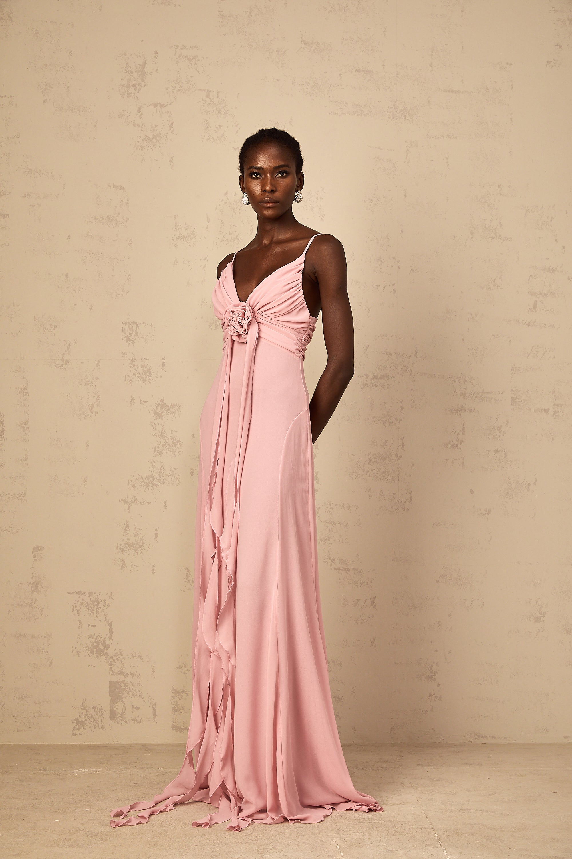 Ysandre Soft-Pink 3D Petal Tulle Maxi Dress