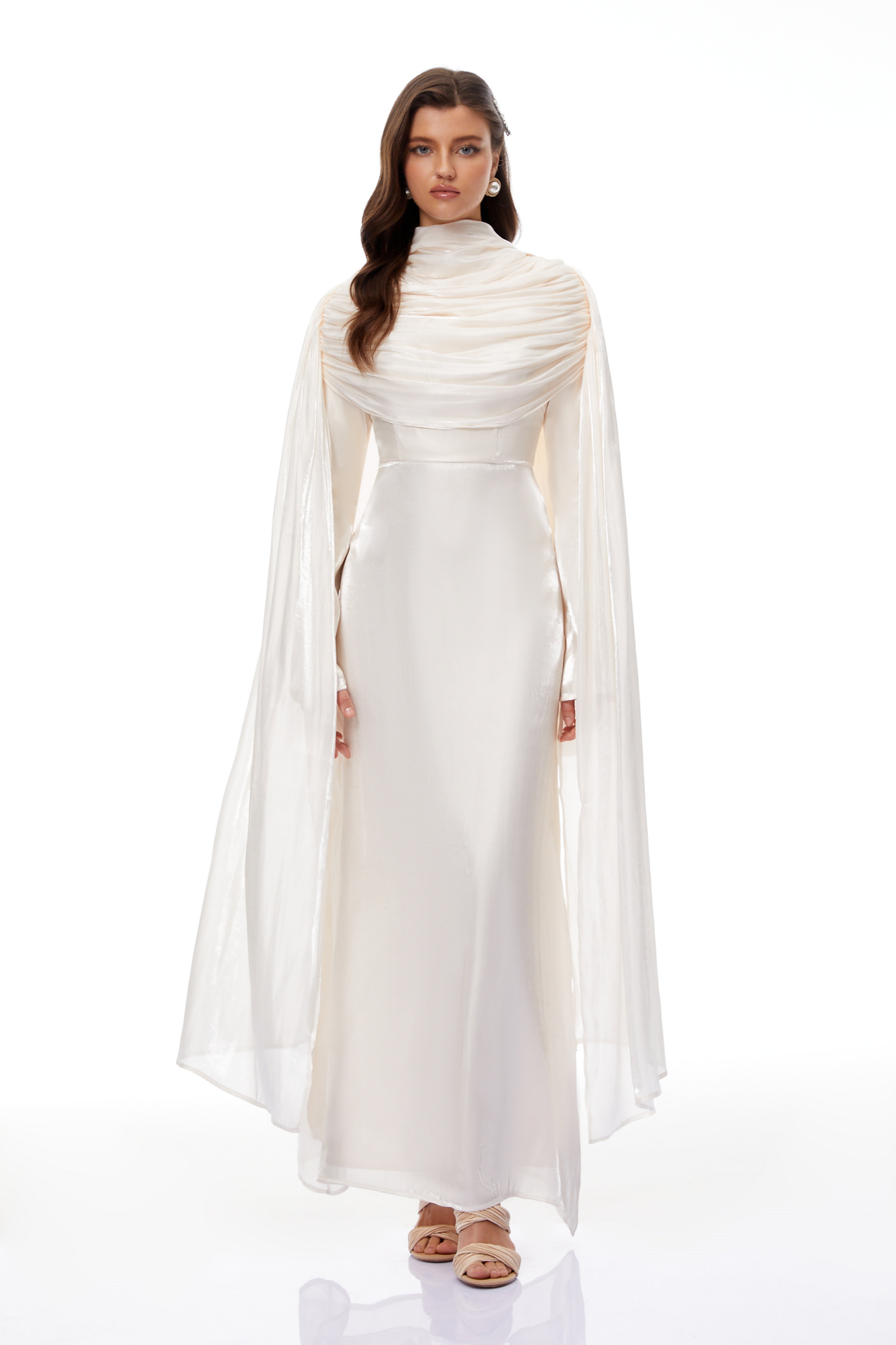 Hege Cream Glossy Ruched Cape Maxi Dress