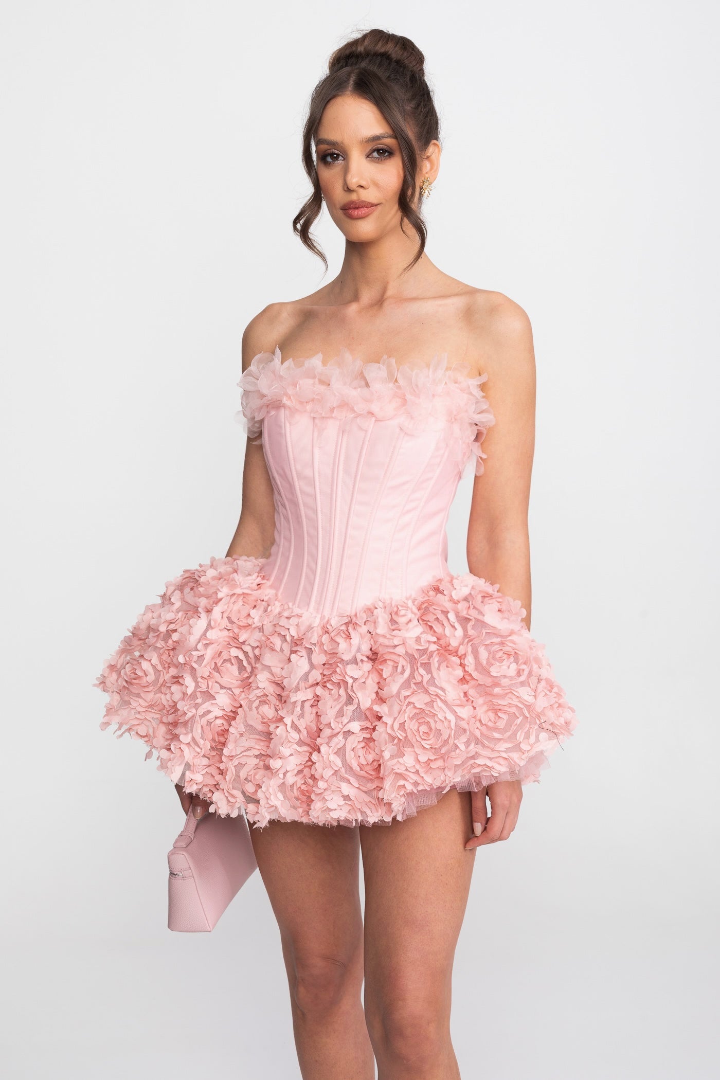 Strapless Corset Mini Dress With 3D Rose Appliqué Skirt - Pink