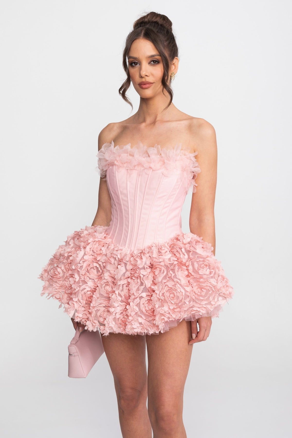 Strapless Corset Mini Dress With 3D Rose Appliqué Skirt - Pink