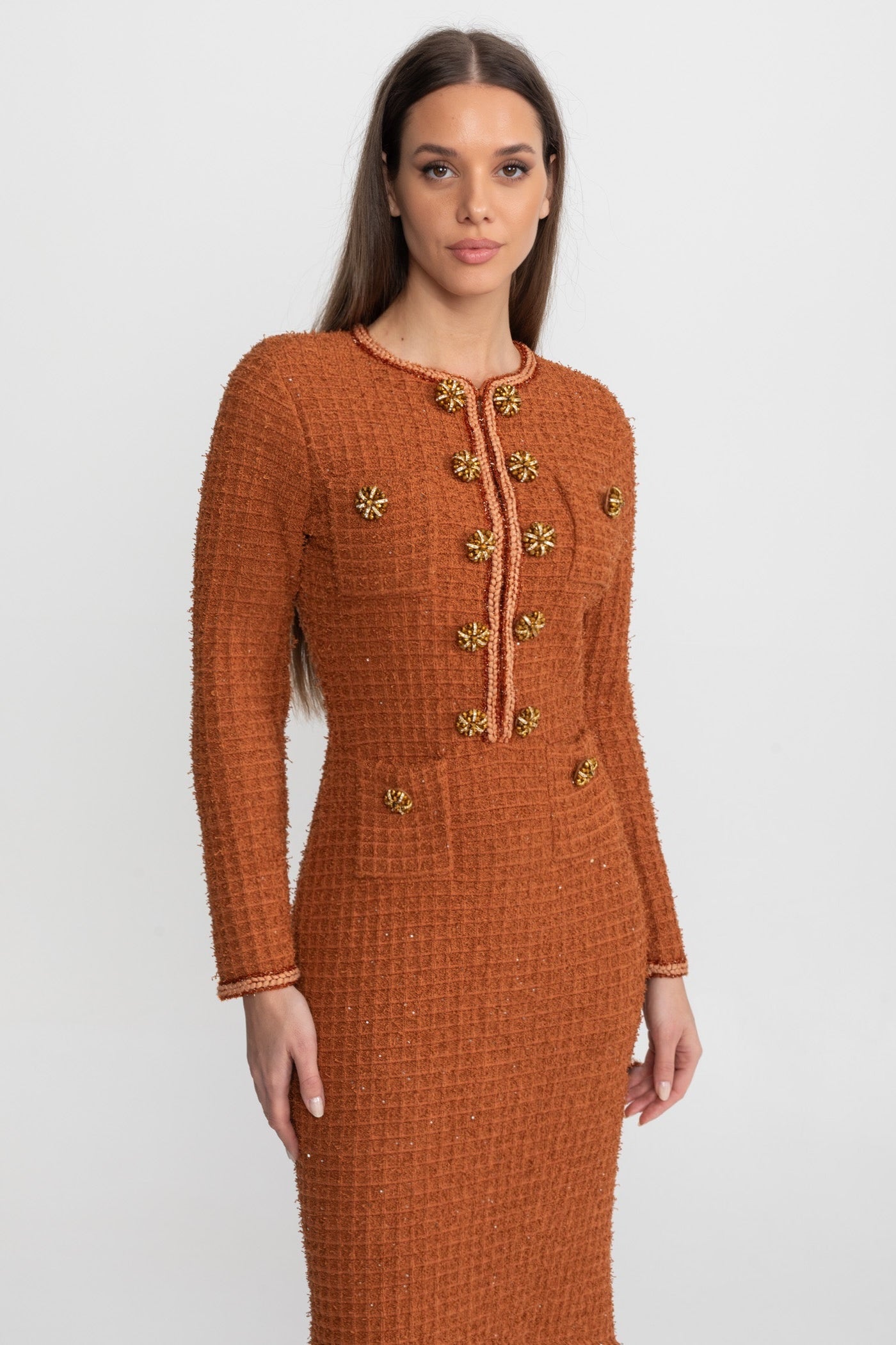 Augustine Rust Textured Tweed Midi Dress with Crystal Button Detail