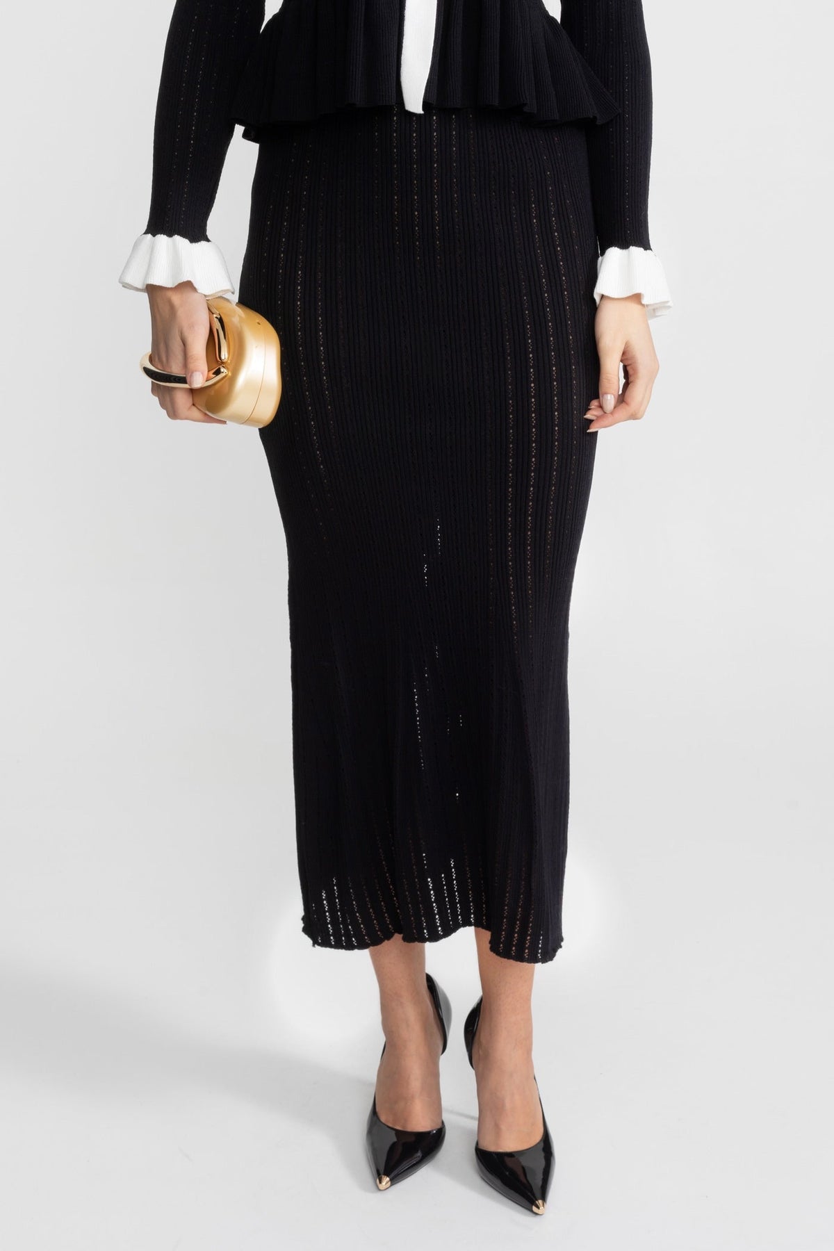 Maelle Black Pointelle Knit Midi Co-Ord with Contrast Trim