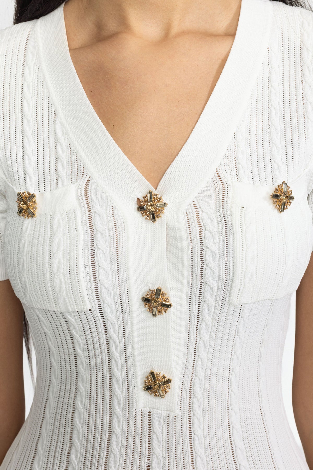 Cable Knit Jewel-Button Midi Dress - White