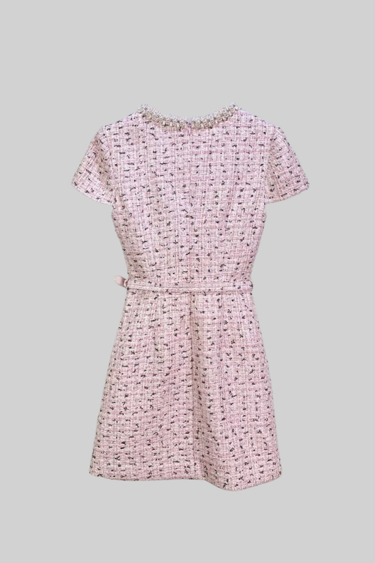 Elegant Textured Mini Dress With Short Sleeves And Matching Belt - Pink